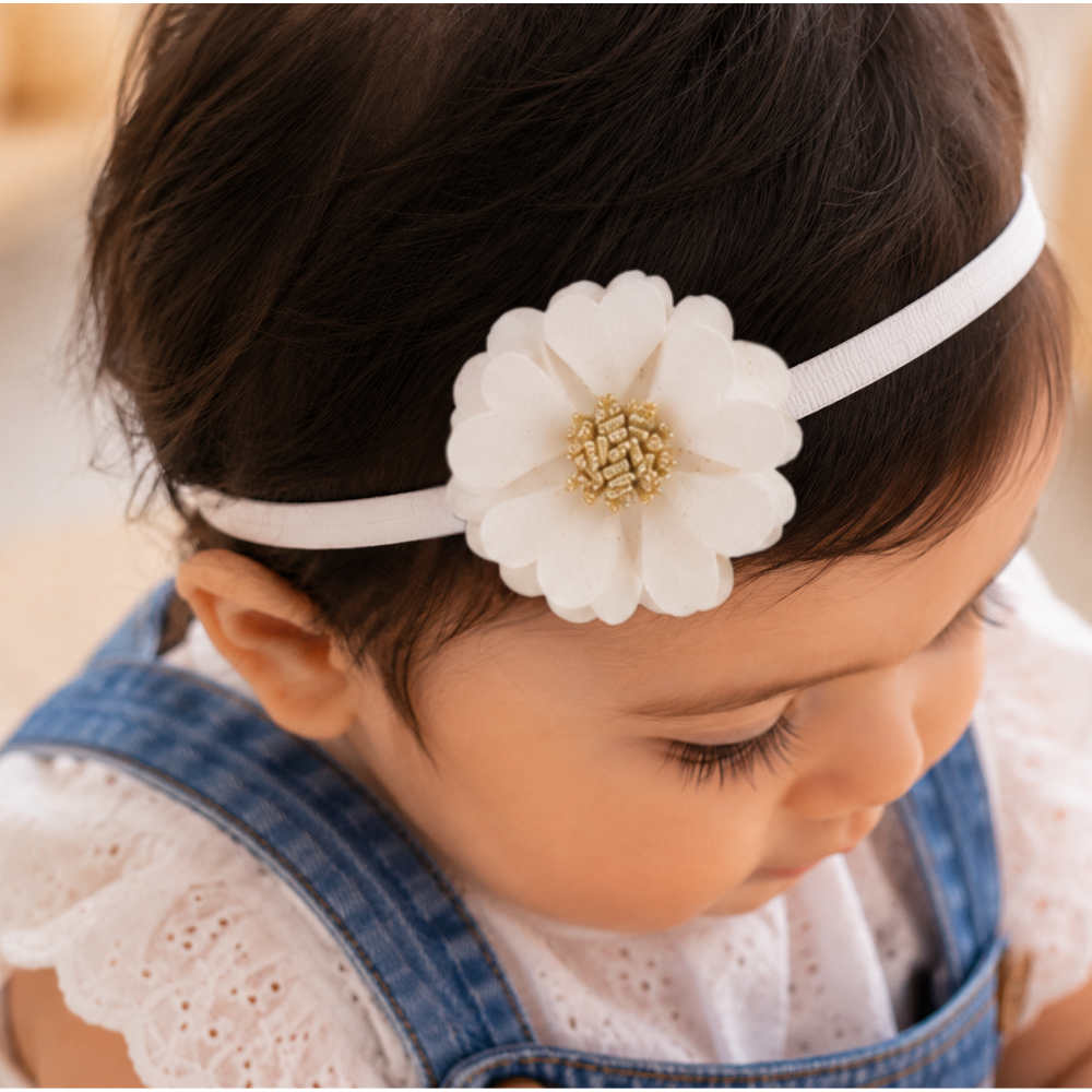 Soft scalloped flower baby headband for girls with handcrafted 6 cm floral design in 14 colors for infants and toddlers aged 0–3 years