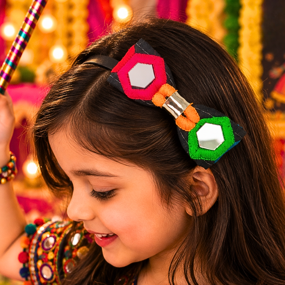 Black Sheesha Navratri headband for girls with colourful embroidery and mirror work