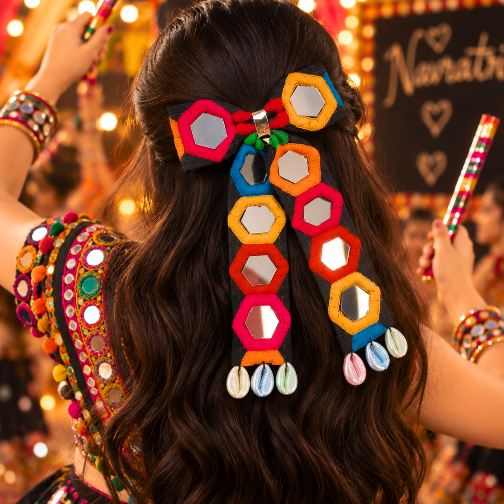 Sheesha mirror-work Navratri piggytail bow alligator clip for girls aged 5 years and above