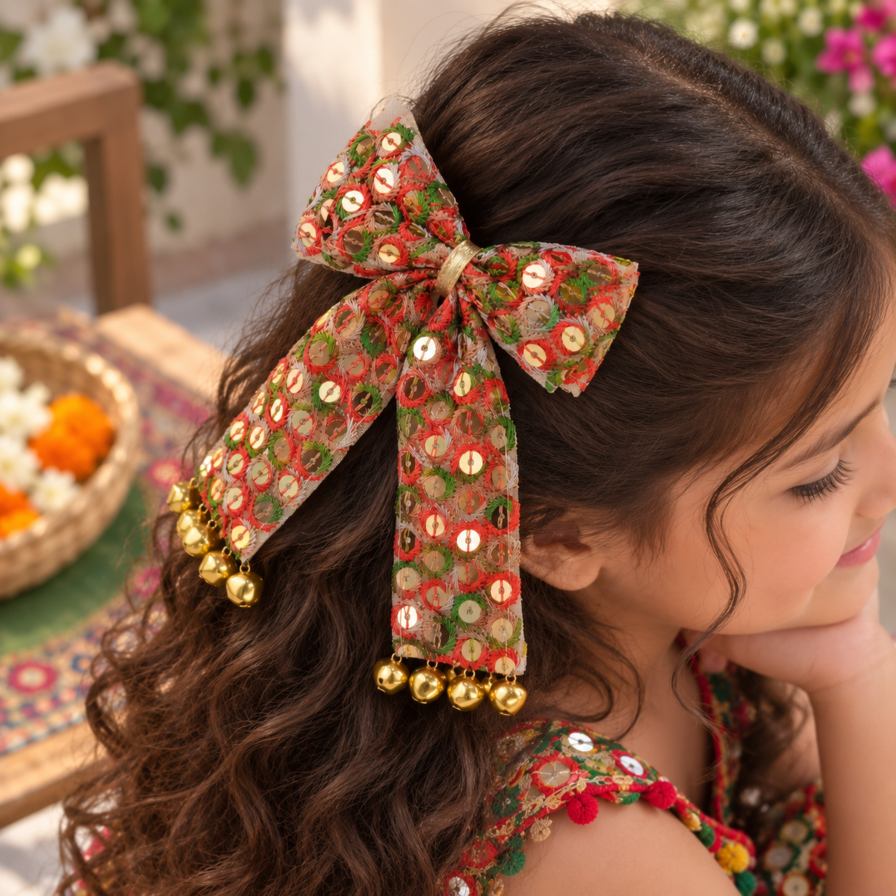 Sitaara Navratri piggytail bow with colourful mirror work and dangling ghunghroo charms for girls