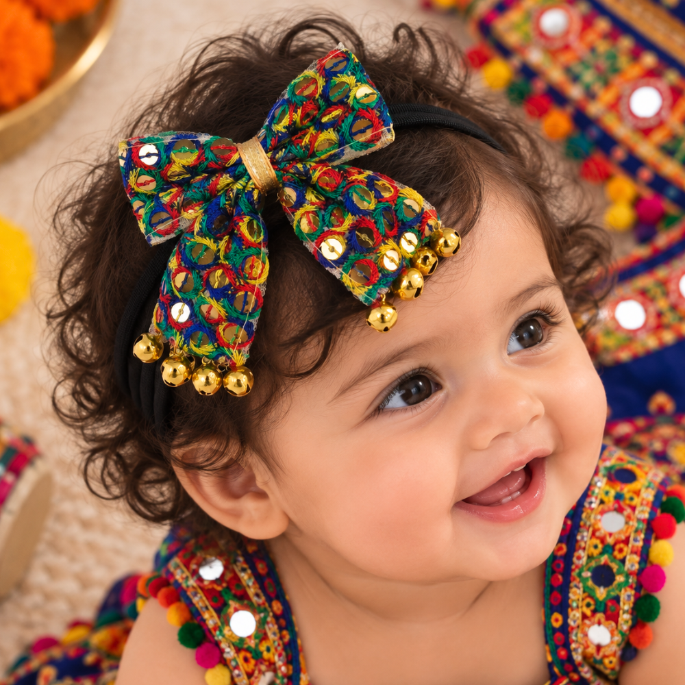 Sitaara Navratri soft headband with colourful mirror detailing and dangling ghunghroo for baby girls