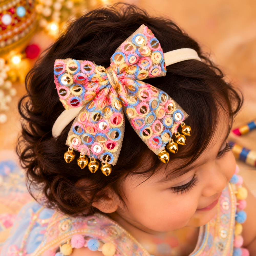 Sitaara Navratri soft headband with colourful mirror detailing and dangling ghunghroo for baby girls