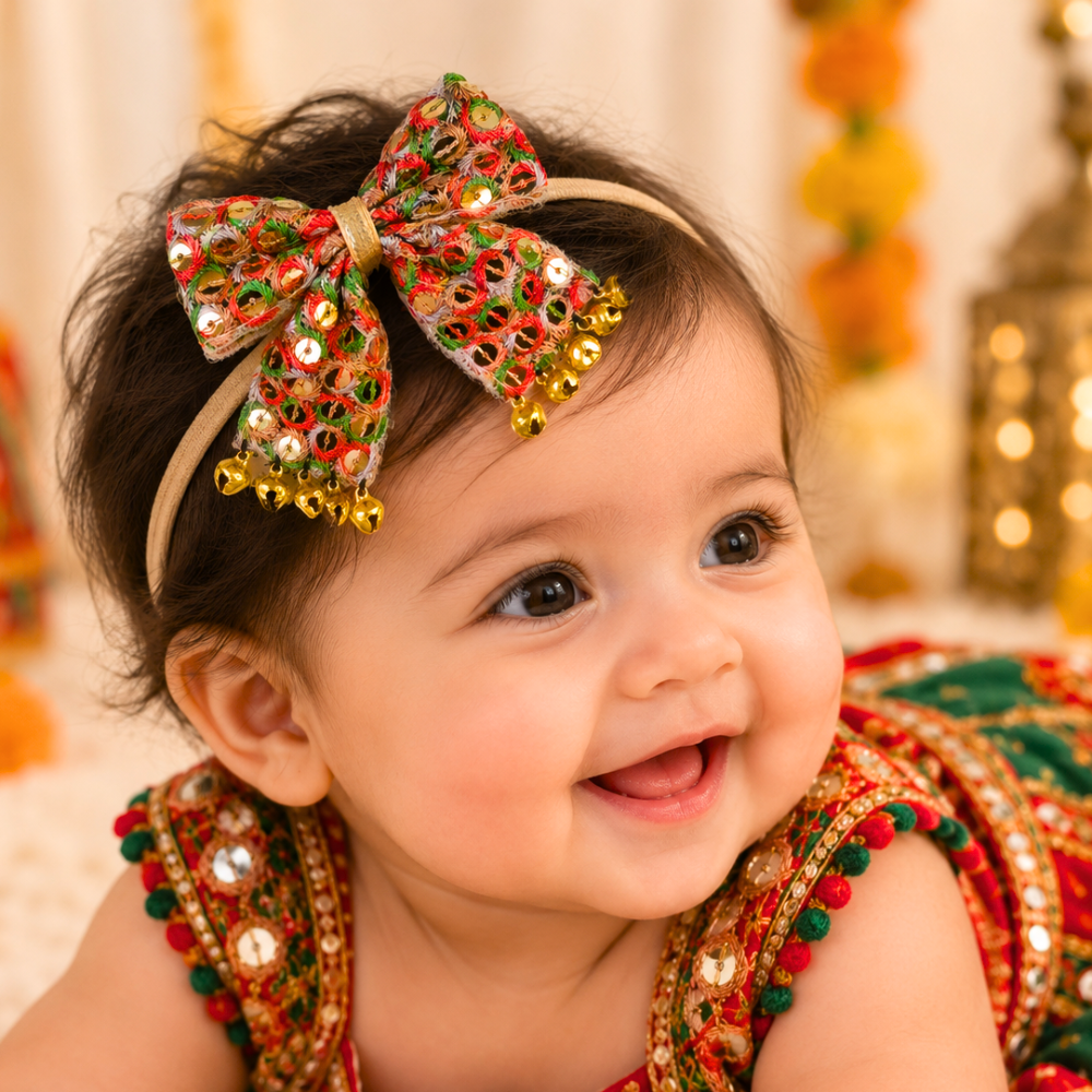 Sitaara Navratri soft headband with colourful mirror detailing and dangling ghunghroo for baby girls