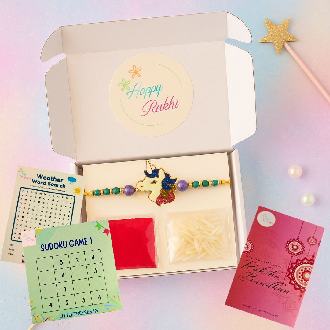 Unicorn Rakhi for Girls with Multicolor Mane – Gift Box with Roli, Rice & Game Cards