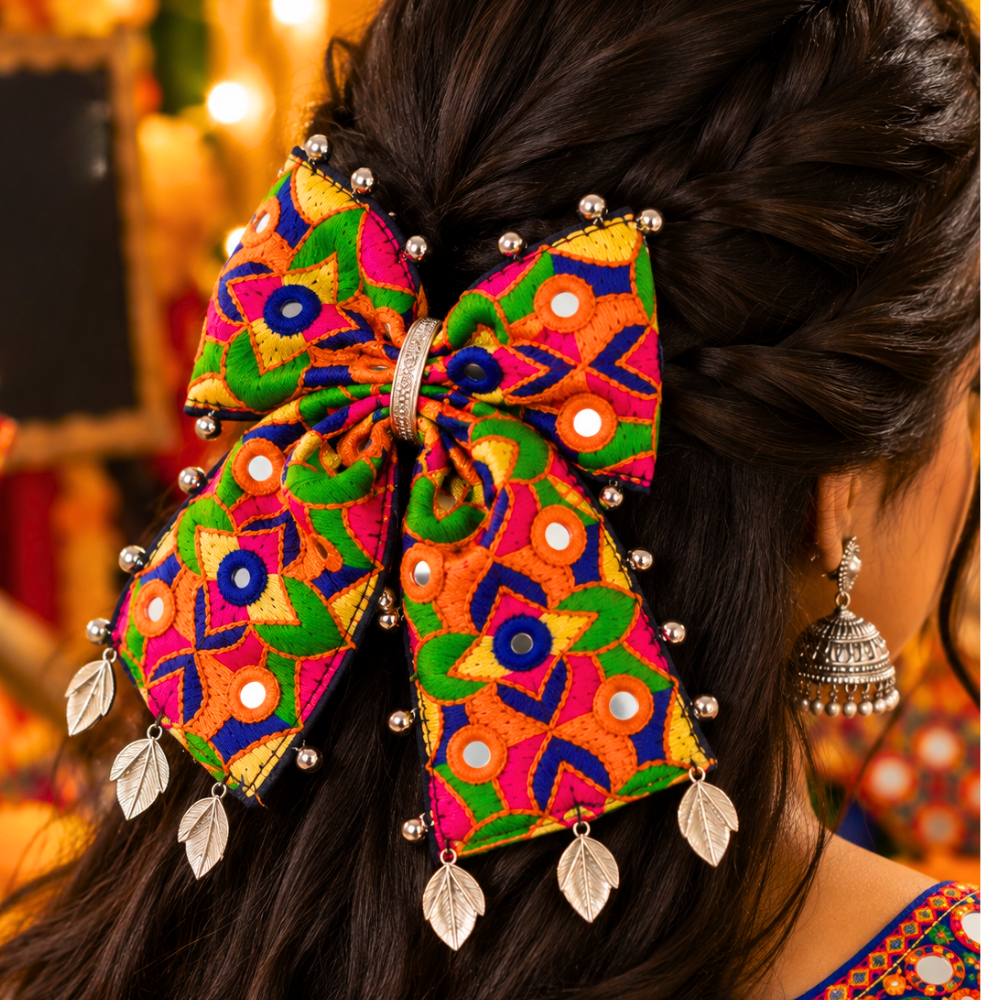Utsavi Navratri piggytail bow alligator clip with colourful embroidery, mirror work and silver leaf charms