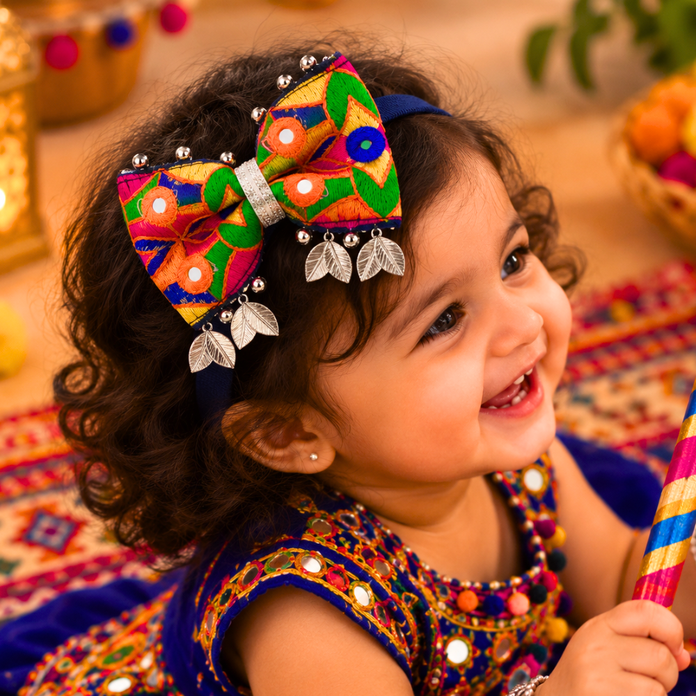 Utsavi Navratri soft headband with embroidered bow antique leaf charms and ghunghroo for baby girls
