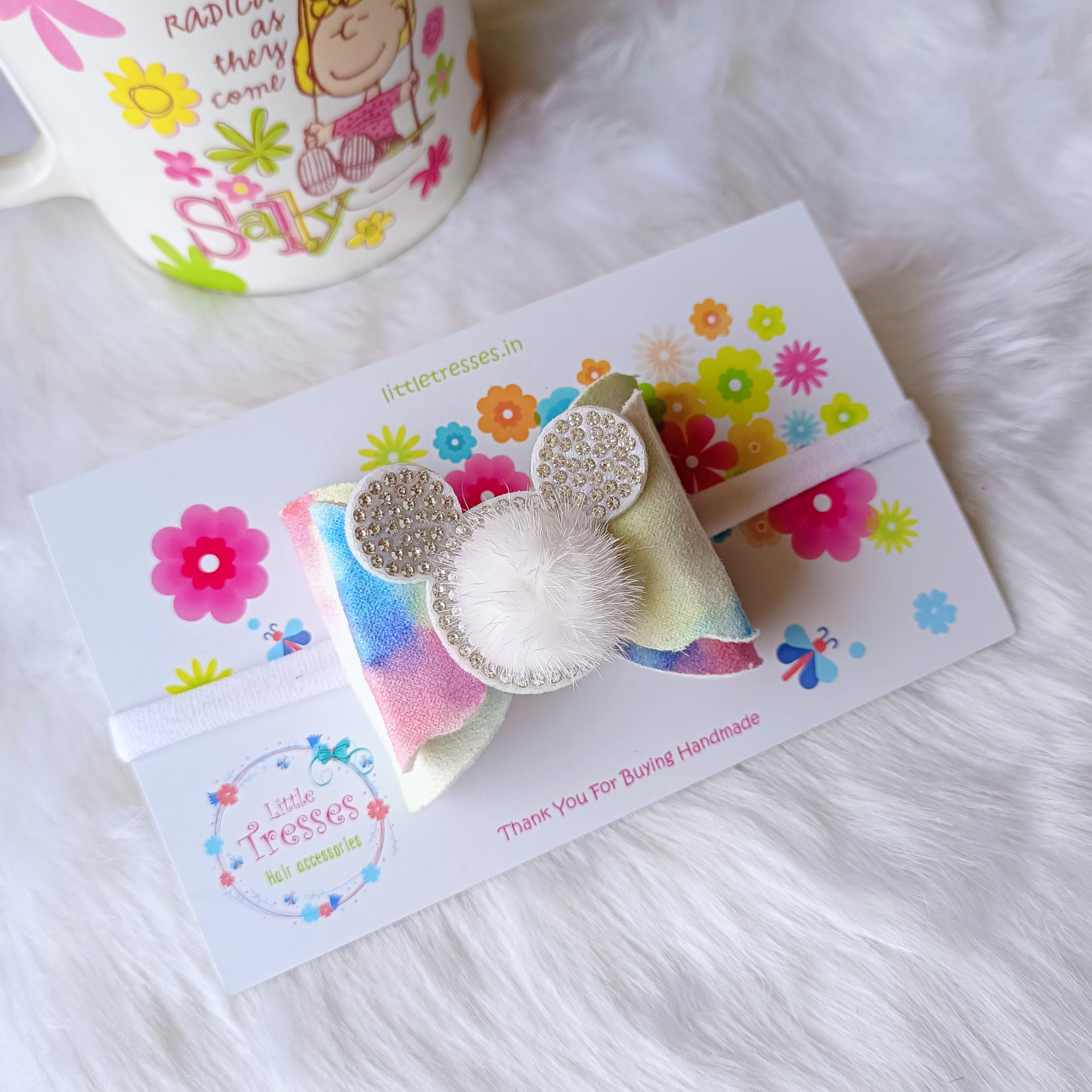 Double Layered Color Splash fur Bow soft headband - White