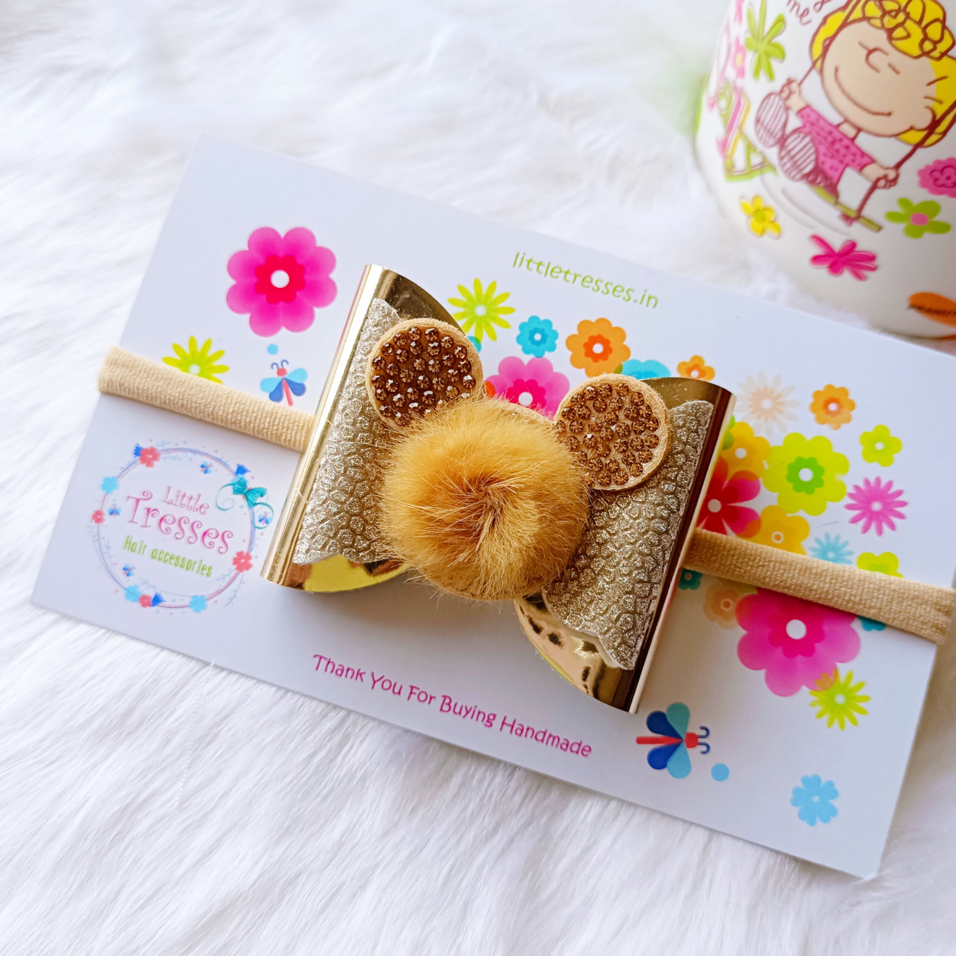 Double Layered fur Bow soft headband - Golden