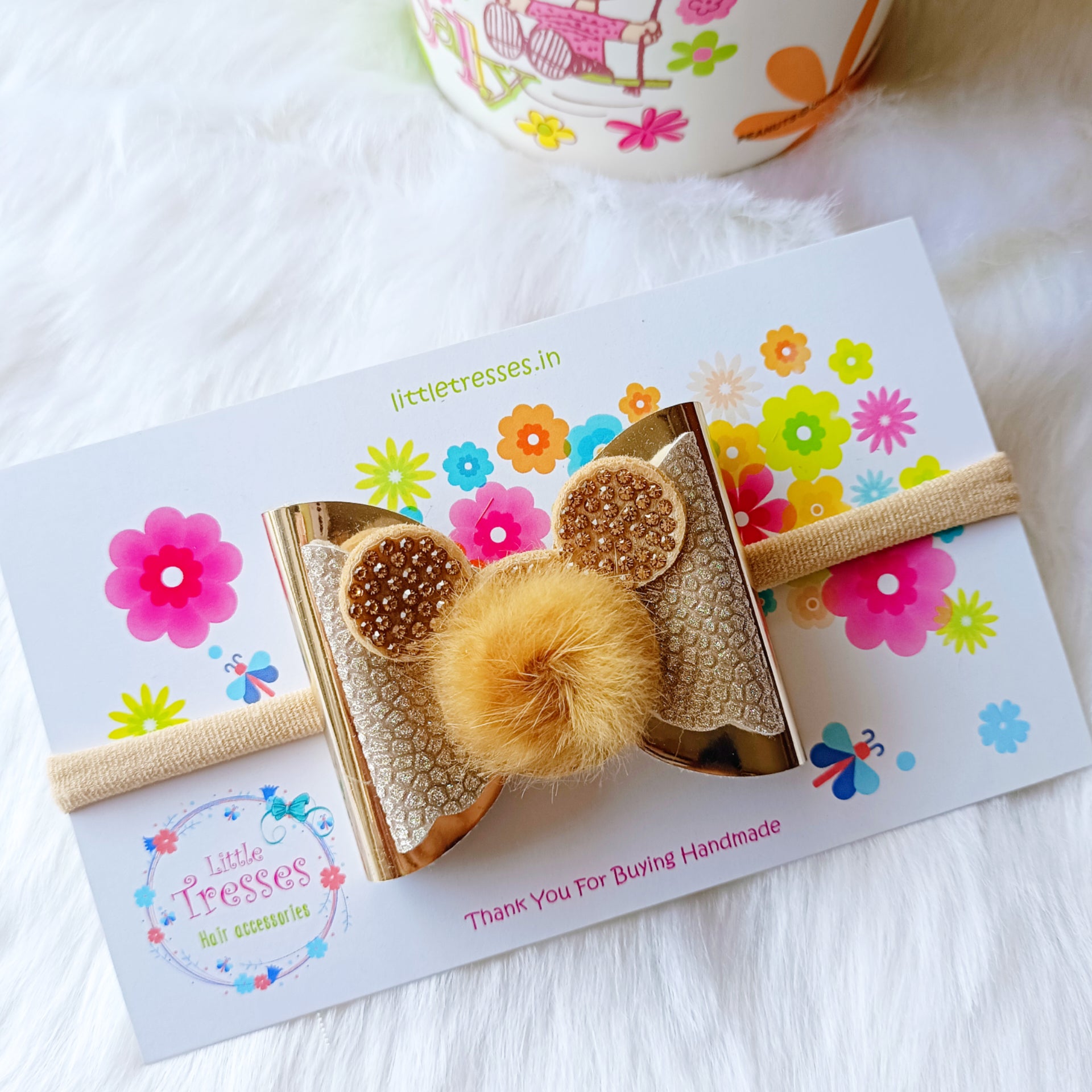 Double Layered fur Bow soft headband - Golden