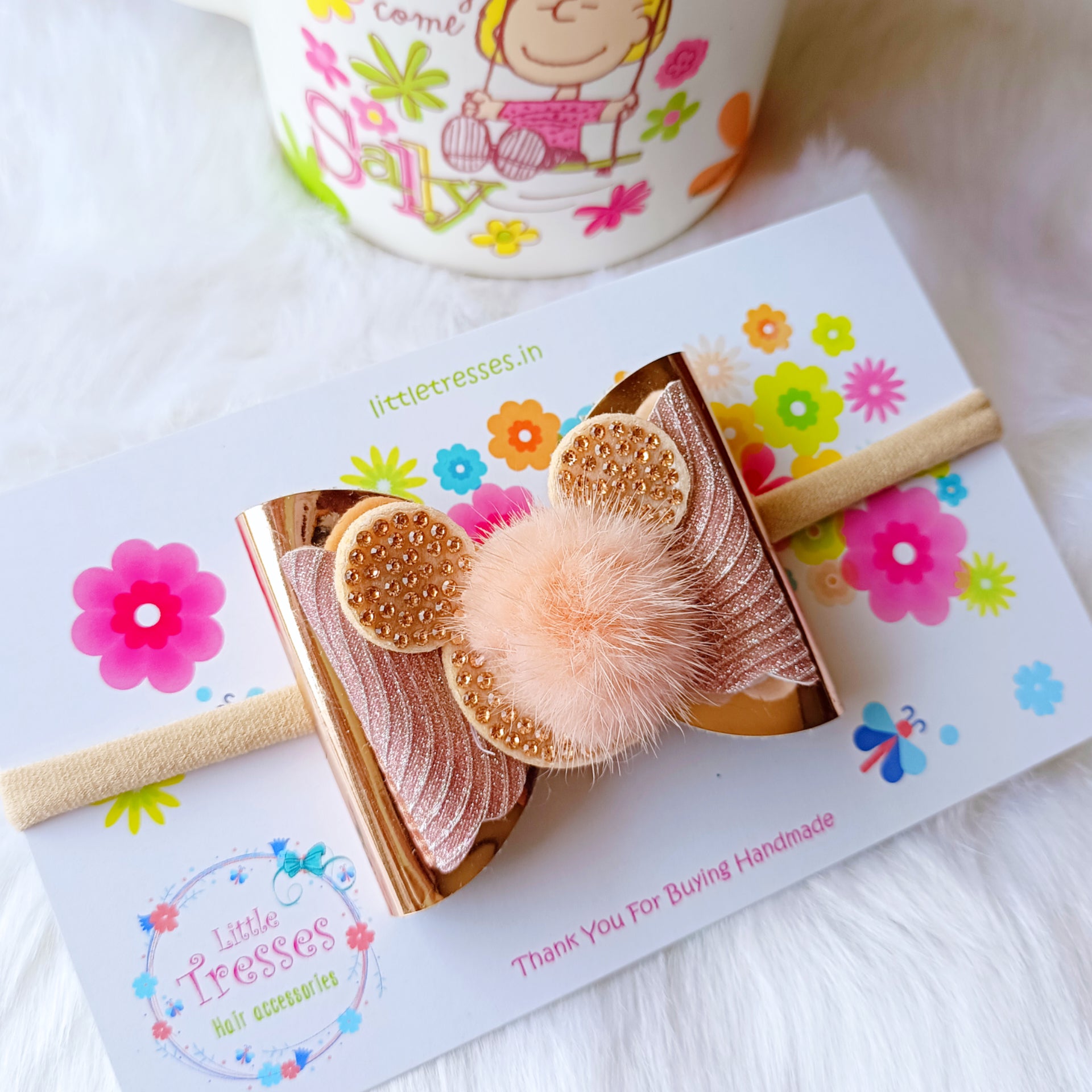 Double Layered fur Bow soft headband - Rose Gold