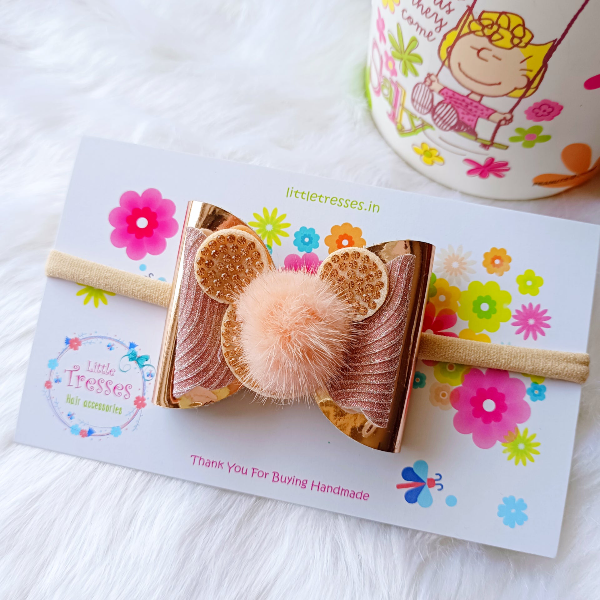 Double Layered fur Bow soft headband - Rose Gold