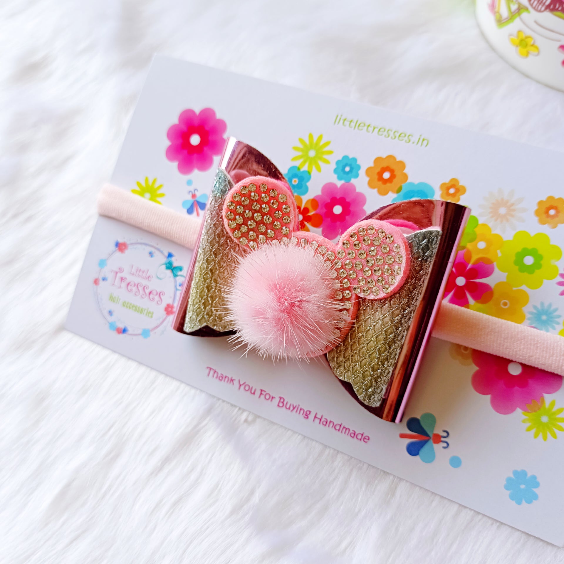 Double Layered fur Bow soft headband - Light Pink