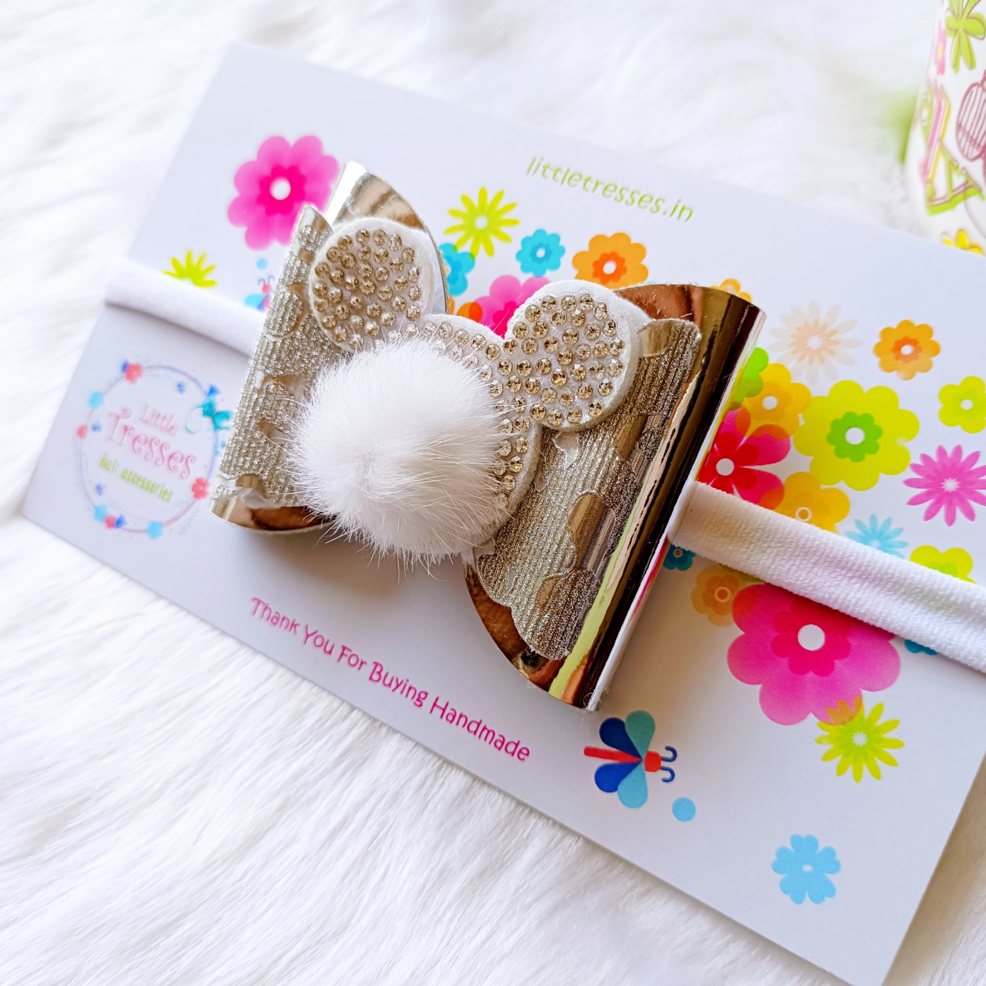 Silver Double Layered fur Bow soft headband