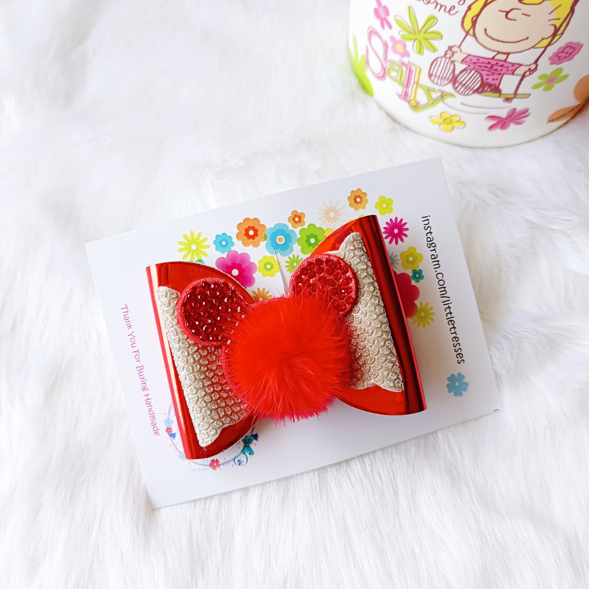 Little Tresses Fur Bow Alligator Clip - Red & Gold