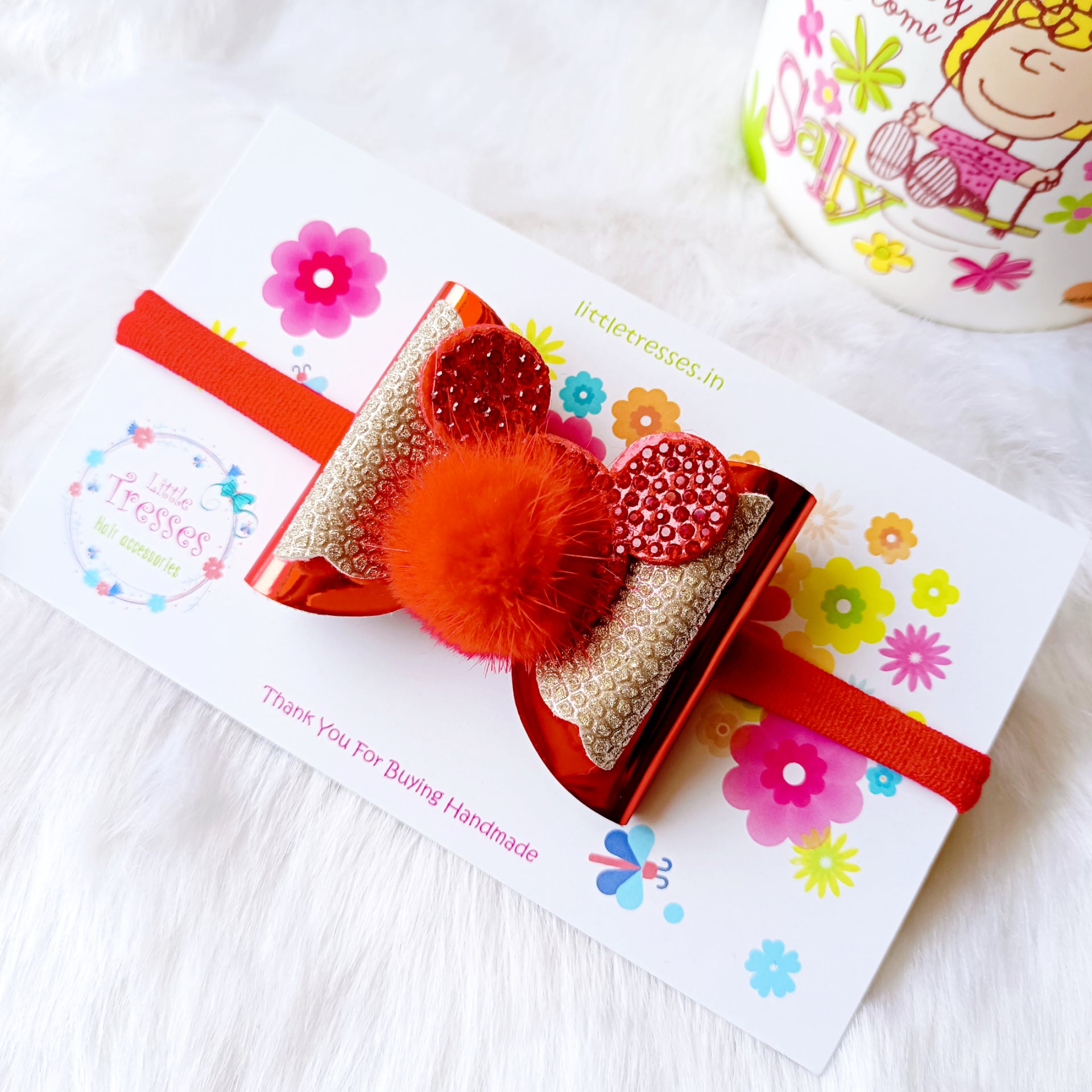 Red & Gold Double Layered fur Bow soft headband