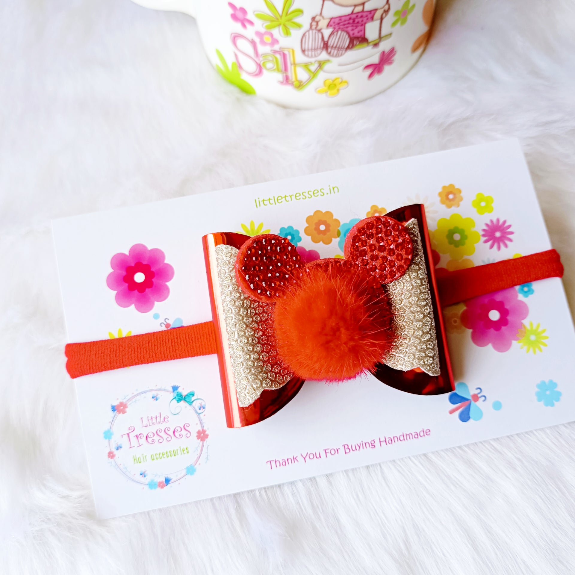 Red & Gold Double Layered fur Bow soft headband