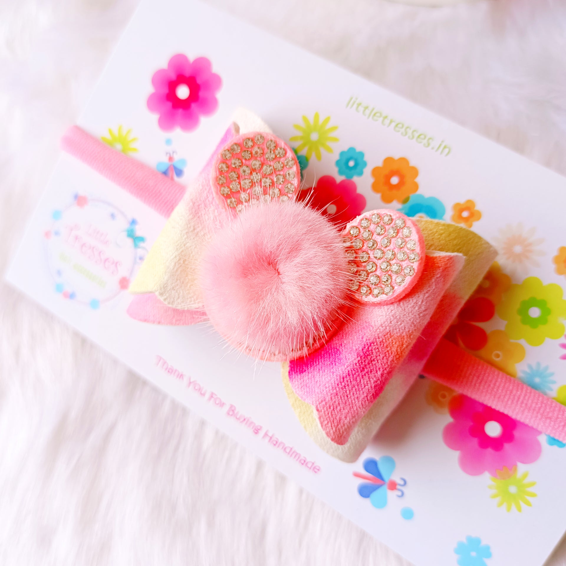 Pink Color Splash Double Layered fur Bow soft headband