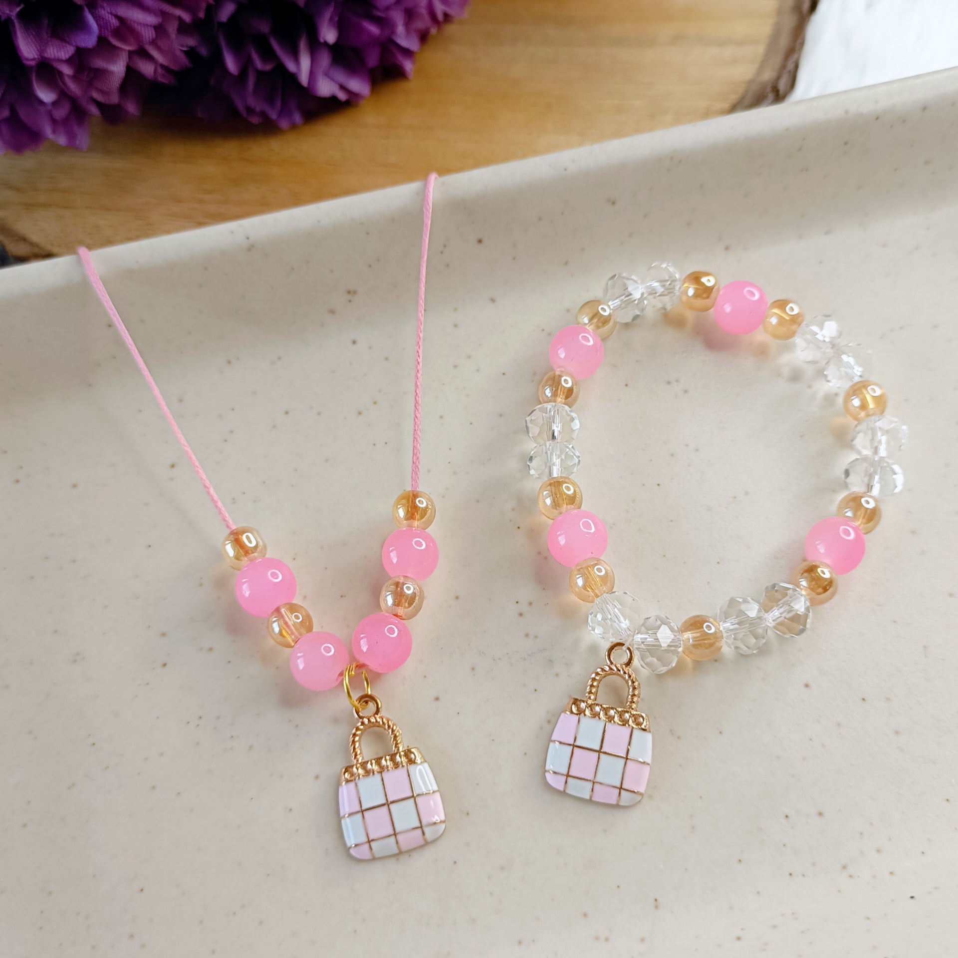 Little Pink Purse Pendant & Bracelet Set