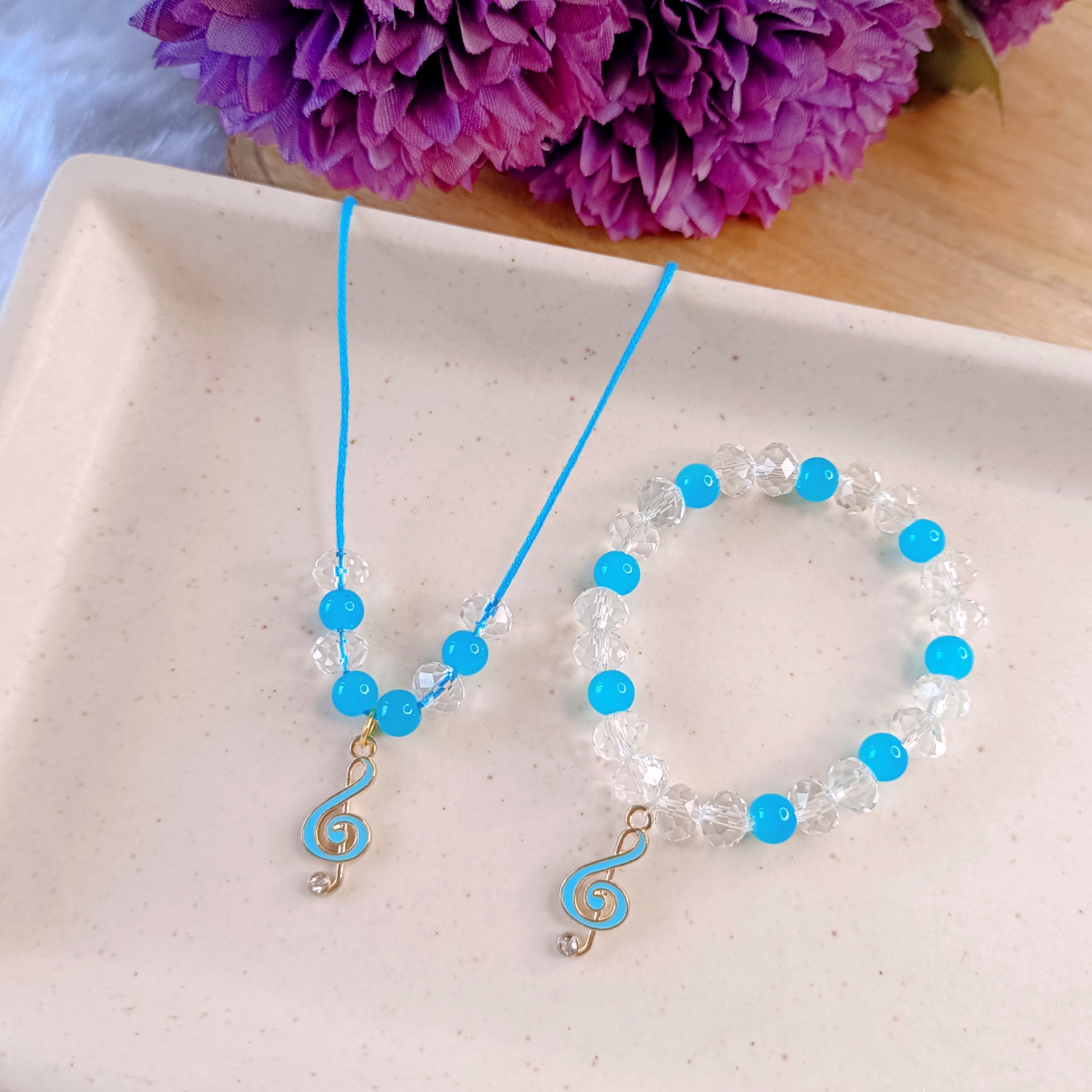 Music Notes Blue Pendant & Bracelet Set
