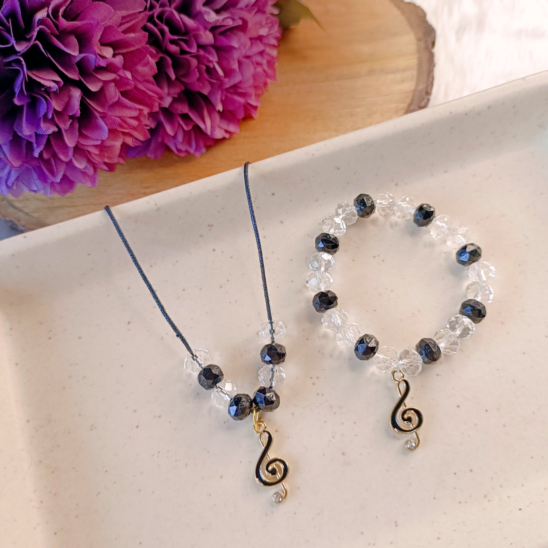 Music Notes Black Pendant & Bracelet Set