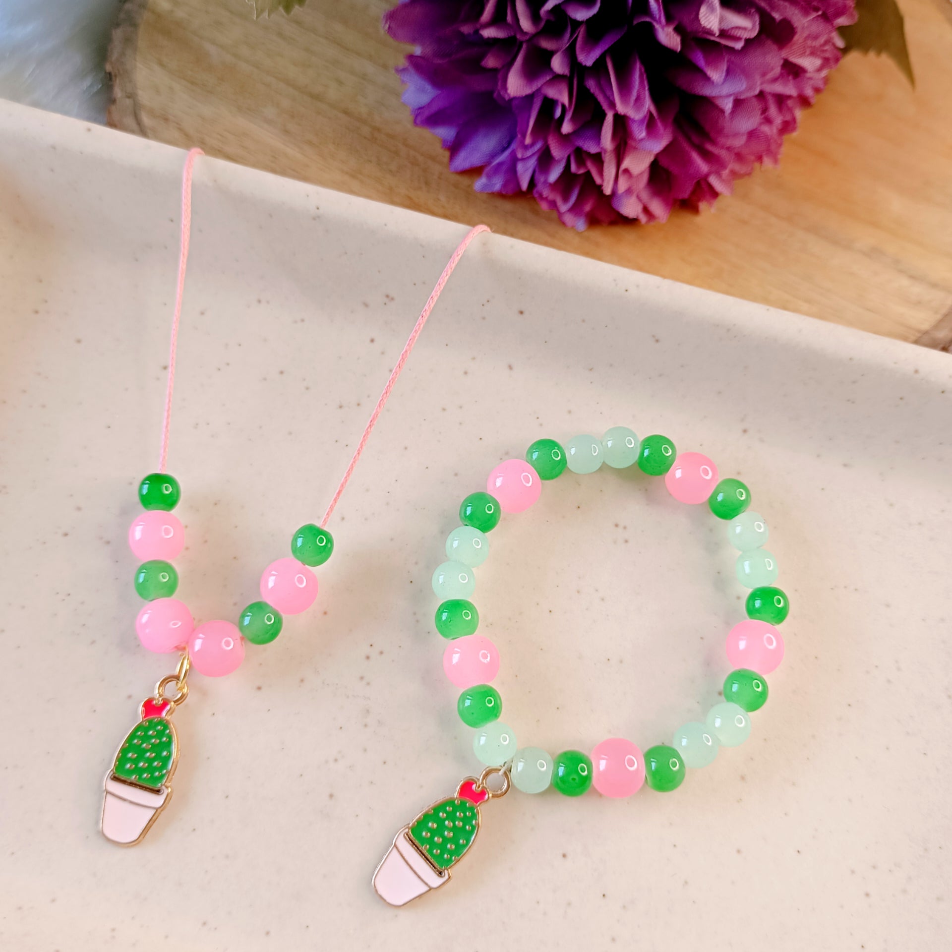 Little Cactus Pendant & Bracelet Set