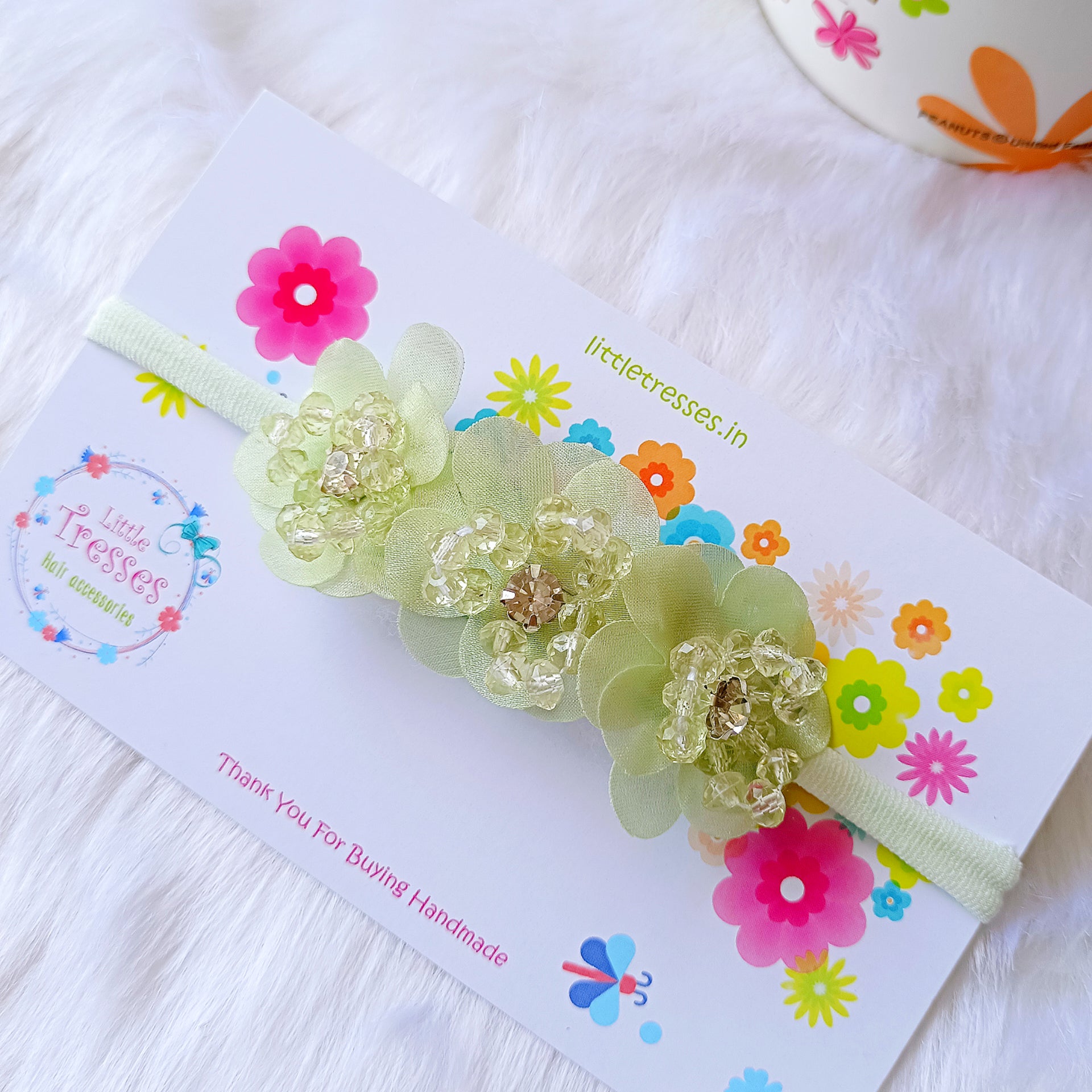 3 Mesh Flowers Soft Stretchable Headband - Pista Green
