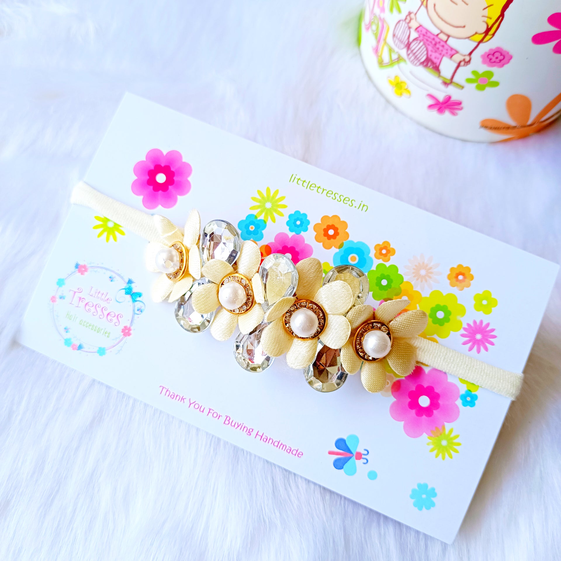 Partywear Flowers Soft Stretchable Headband - Cream