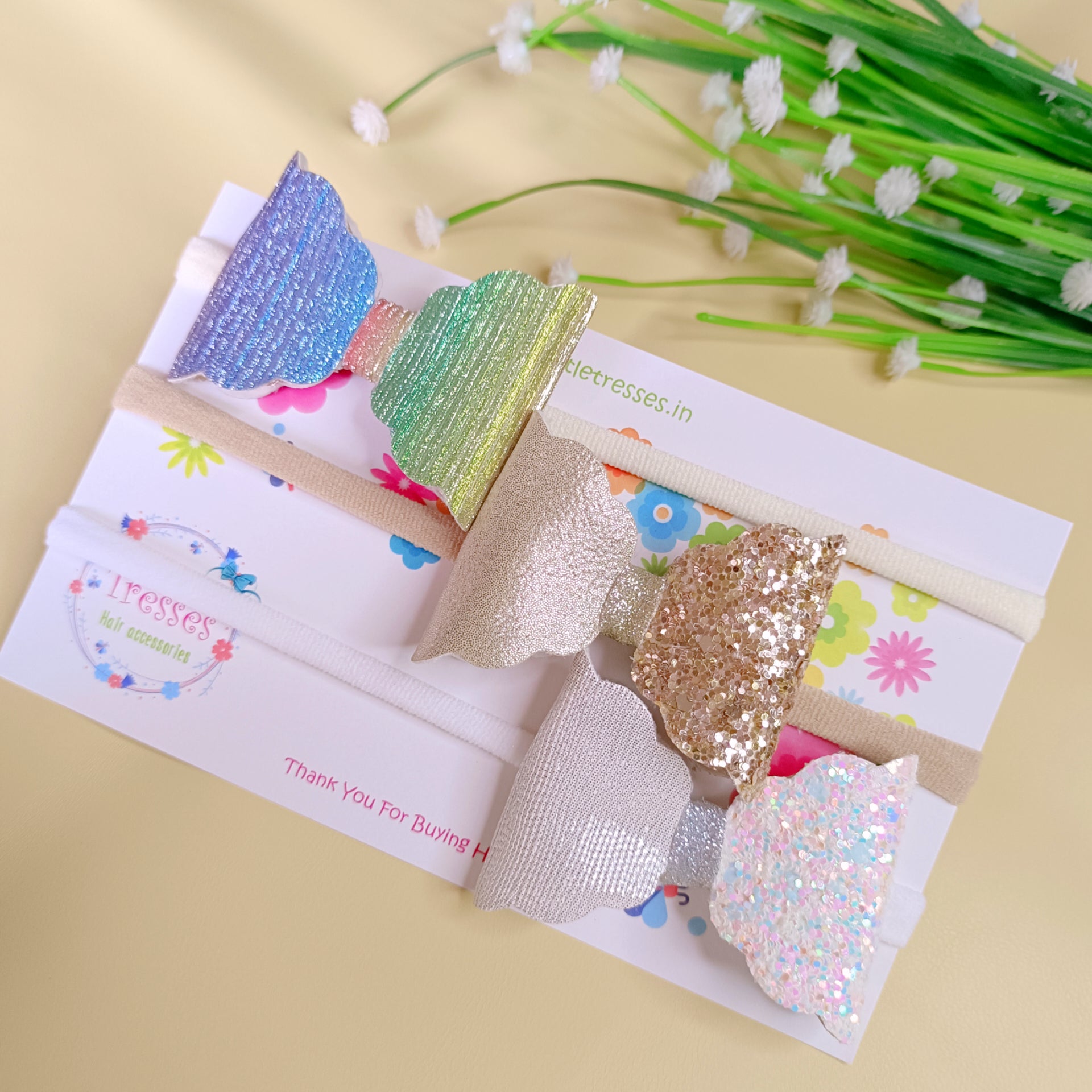 Combo of 3 Scalloped Bow Headbands - White, Golden & Multicolor