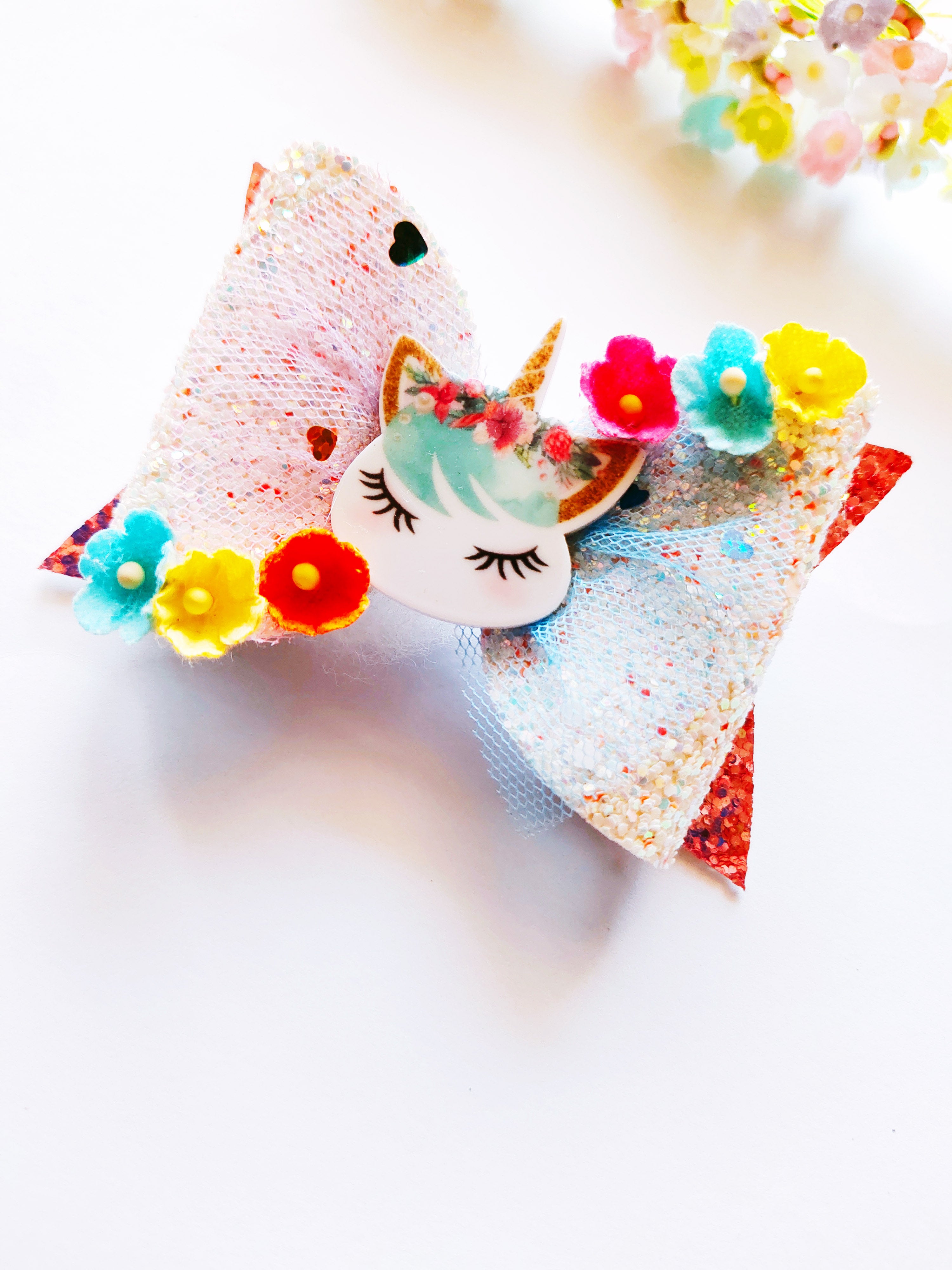 Multicolor Unicorn Flower Bow Clip