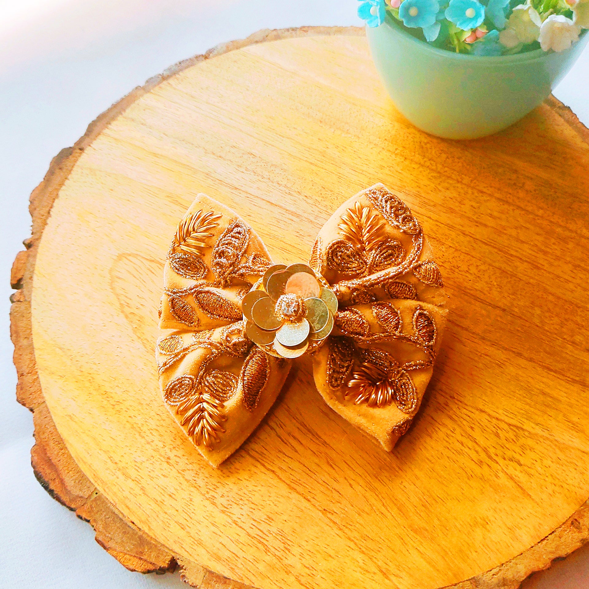 Golden Velvet Big Ethnic Bow Clip