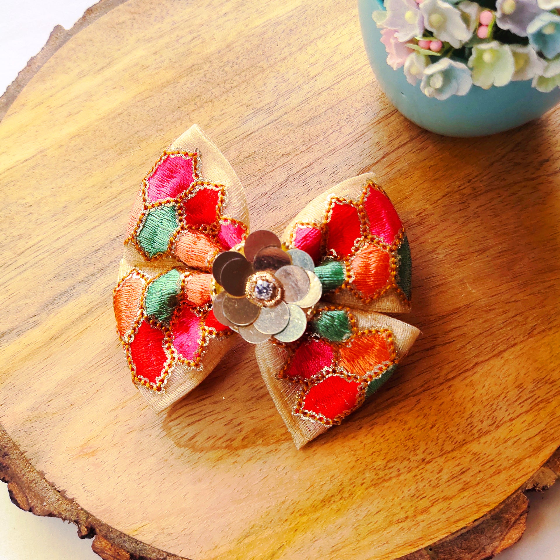 Multicolor Golden Big Ethnic Bow Clip