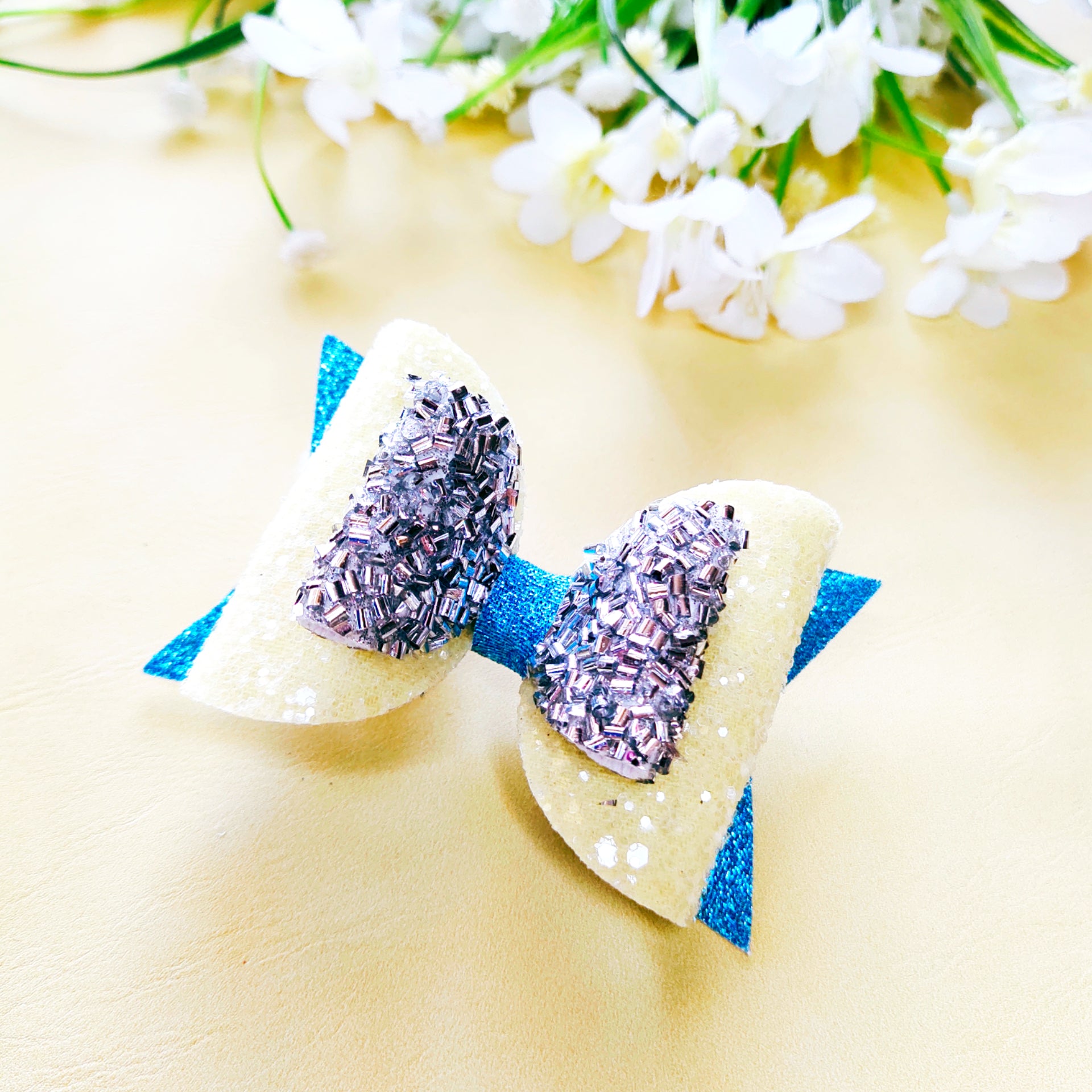 Macrooni Double Bow Clip - Yellow,Blue & Silver