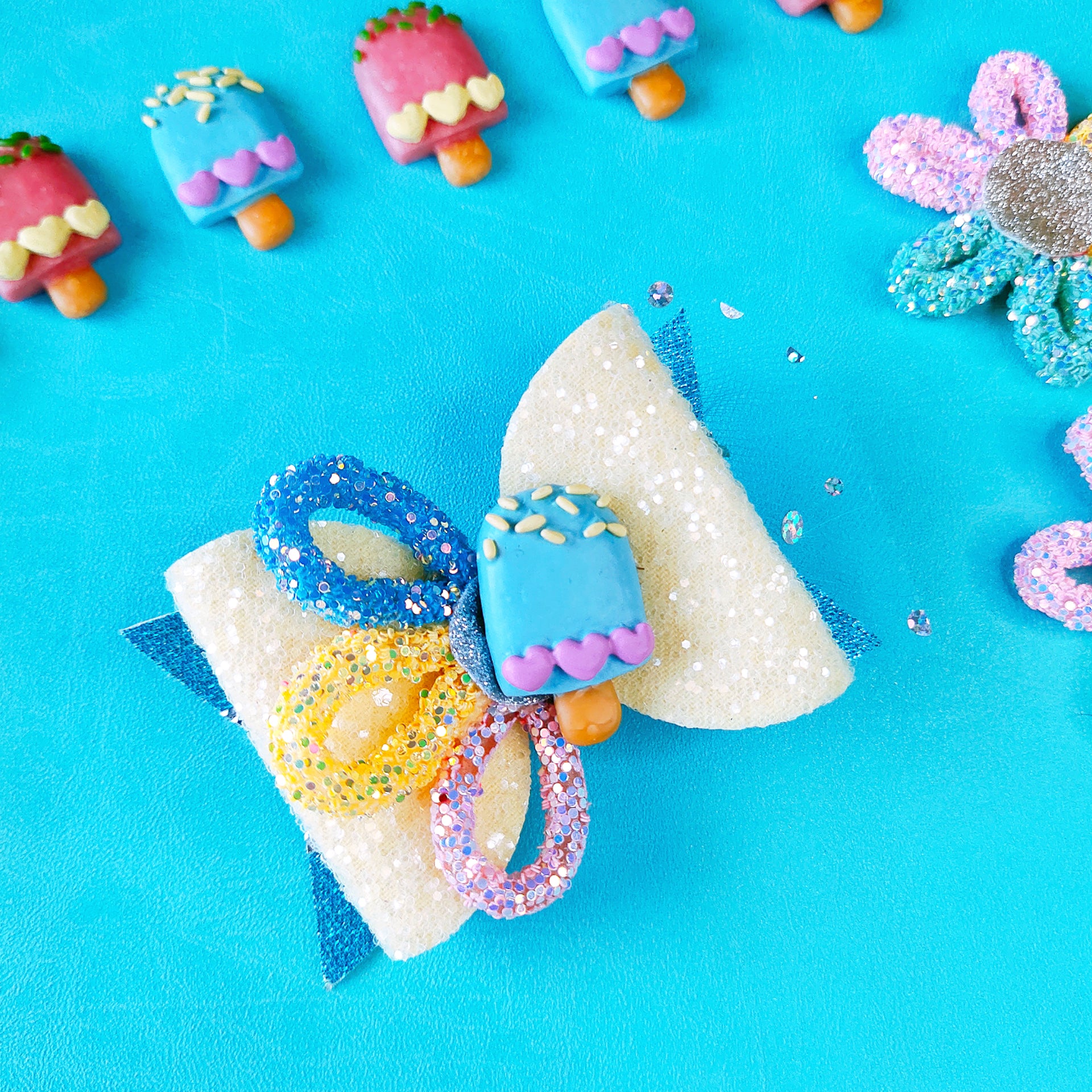 Popsicle Bow with Loopy Flower Clip - Blue