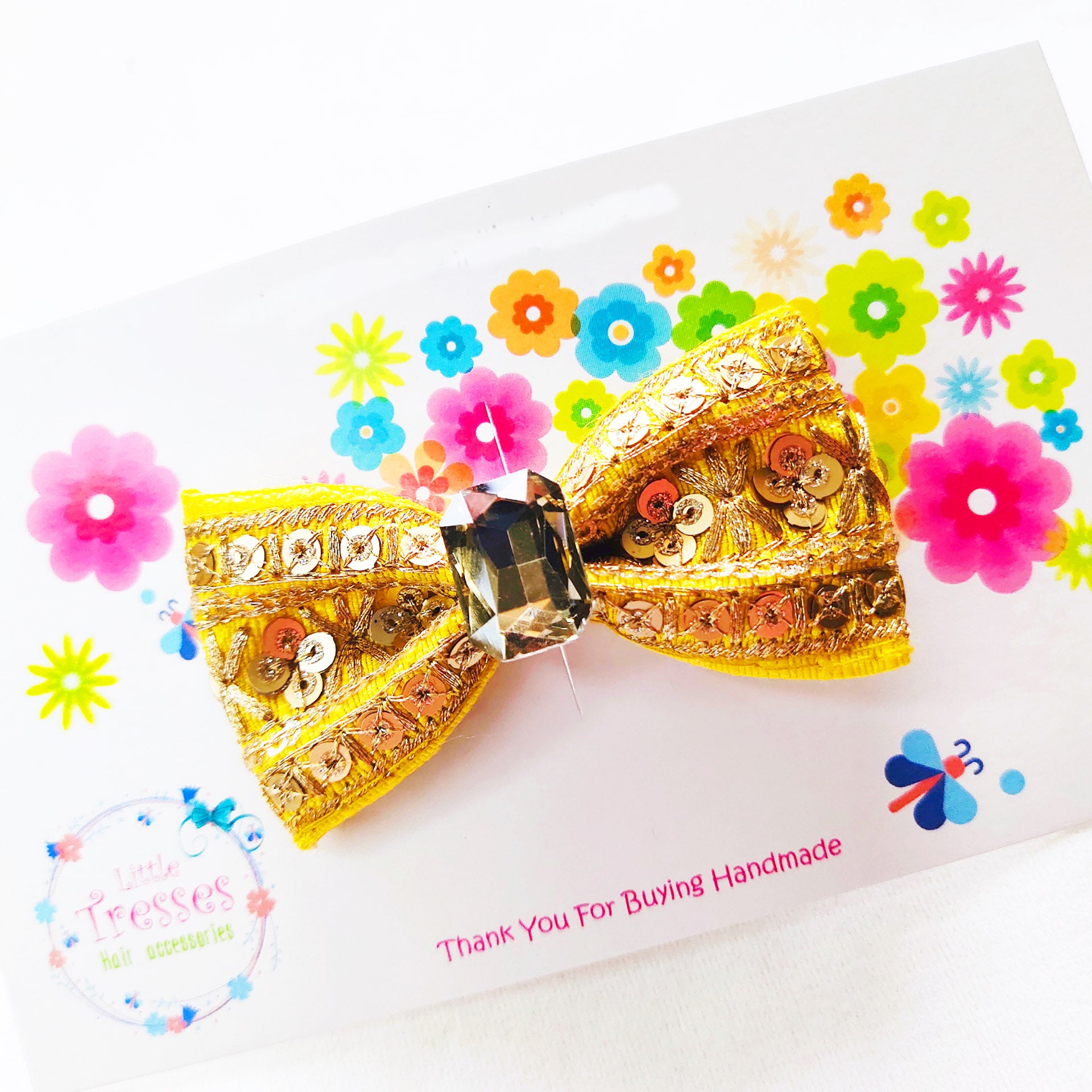 Single Layered Embroidery Bow Clip - Yellow