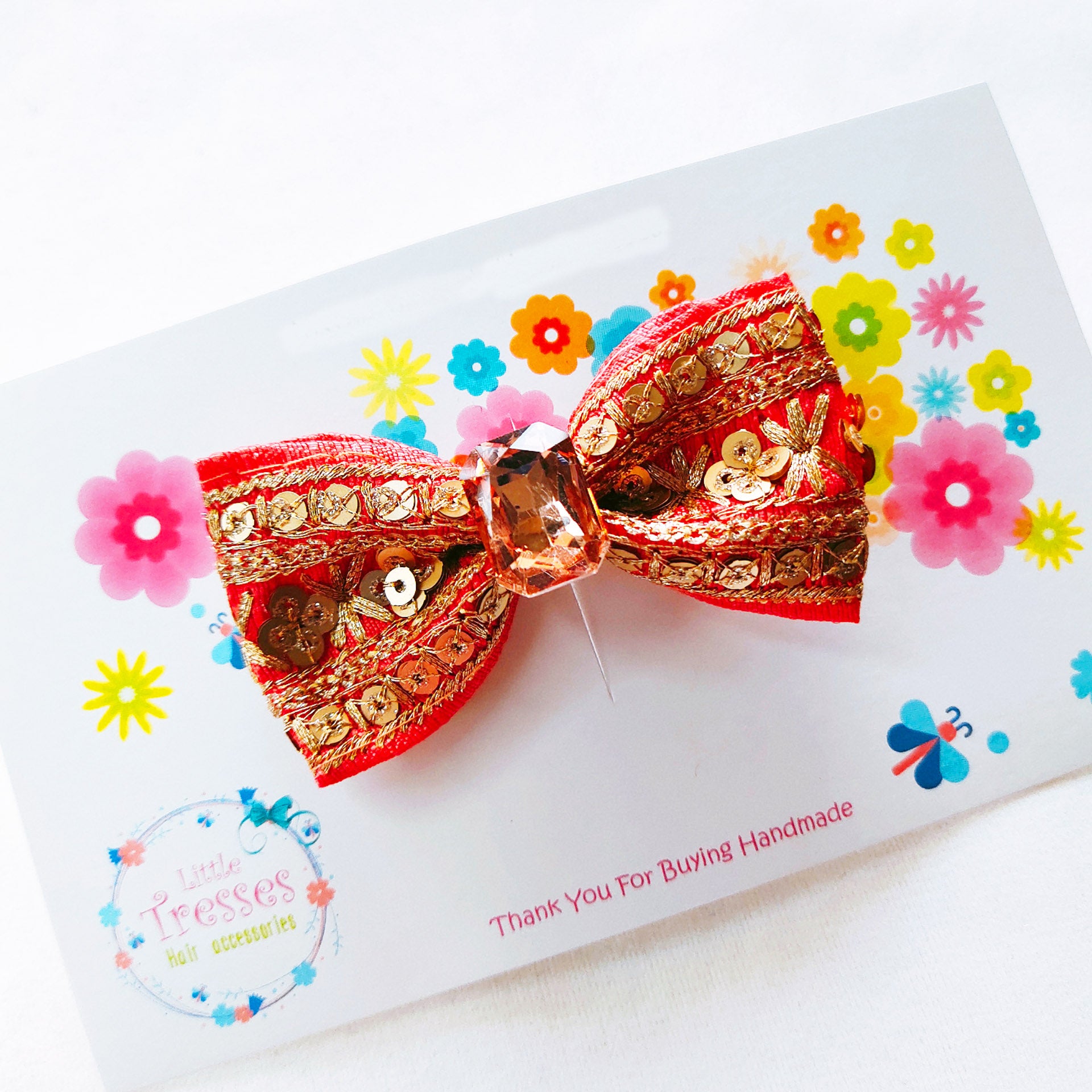 Single Layered Embroidery Bow Clip - Orange