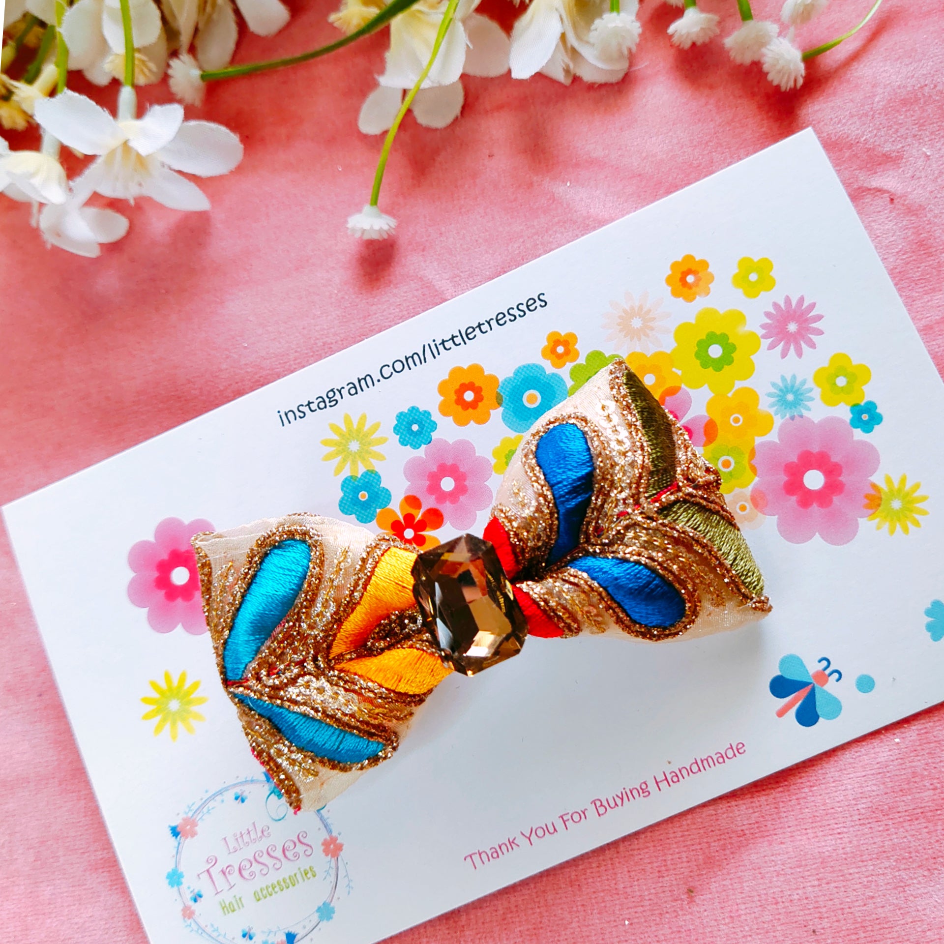 Single Layered Embroidery Bow Clip - Multicolor