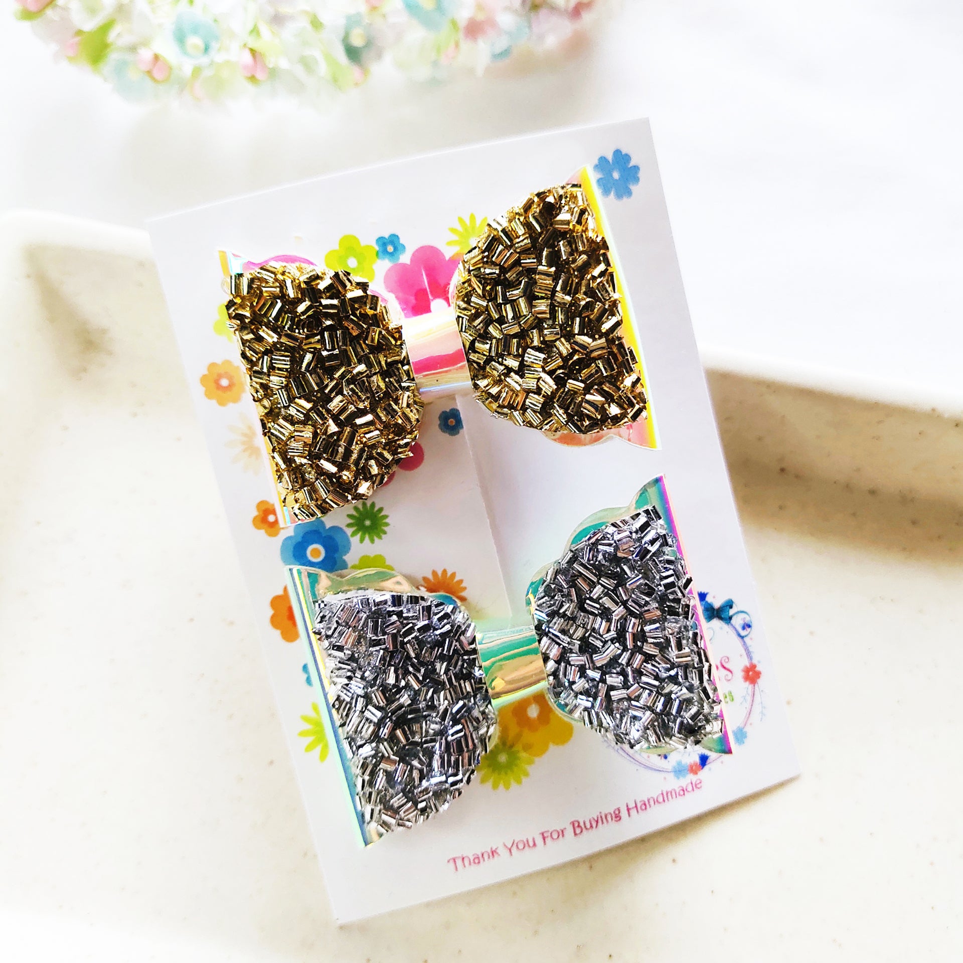 Combo of 2 Layered Scalloped Bow Clips - Dual Tone Silver & Golden