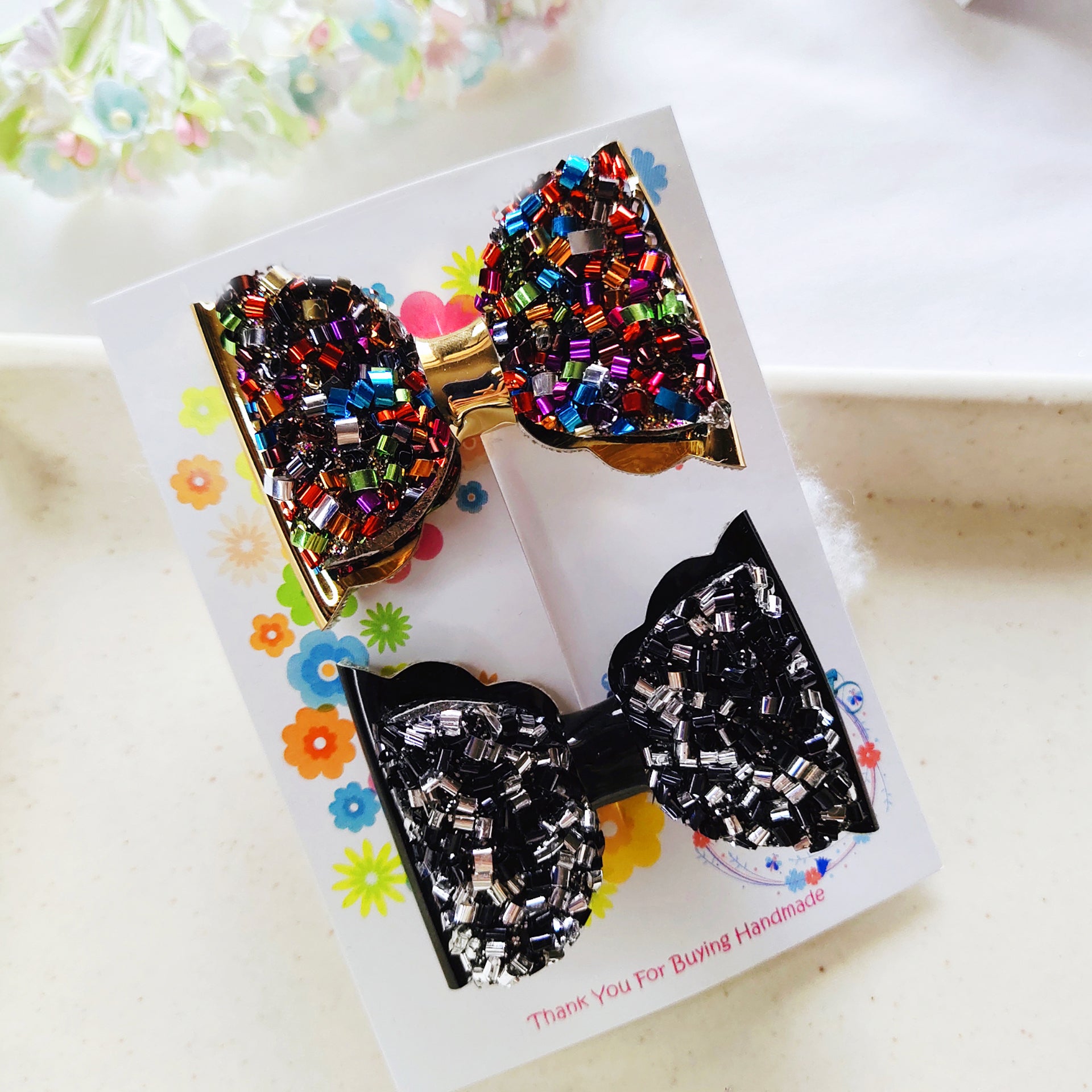 Combo of 2 Layered Scalloped Bow Clips - Multicolor & Black-Silver
