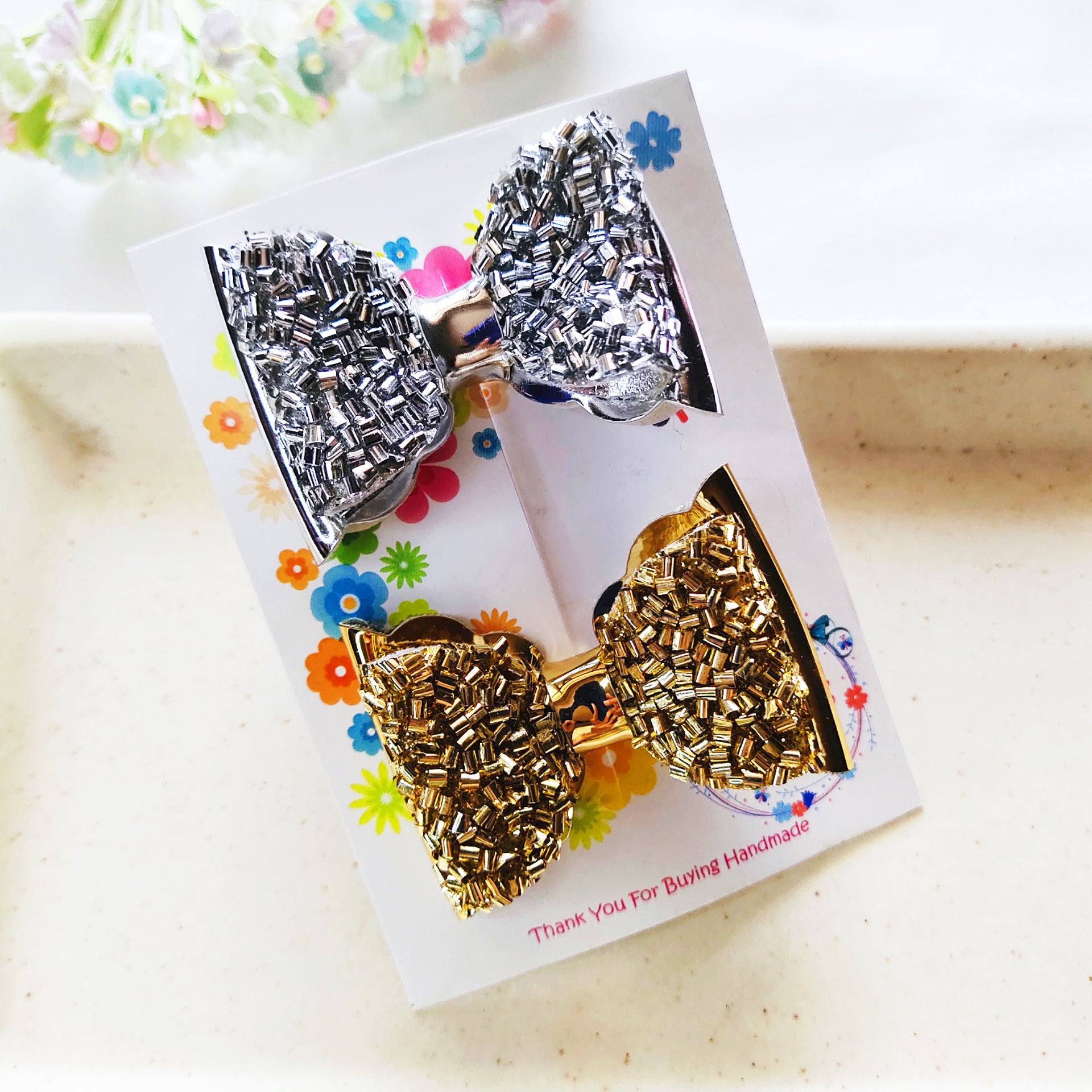 Combo of 2 Layered Scalloped Bow Clips - Golden & Silver