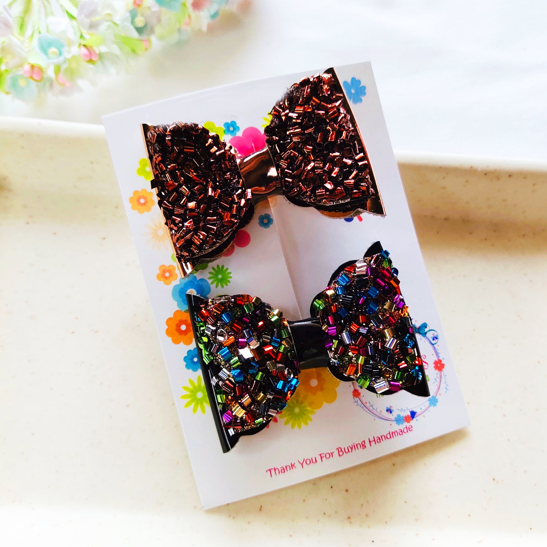 Combo of 2 Layered Scalloped Bow Clips - Brown & Multicolor-Black