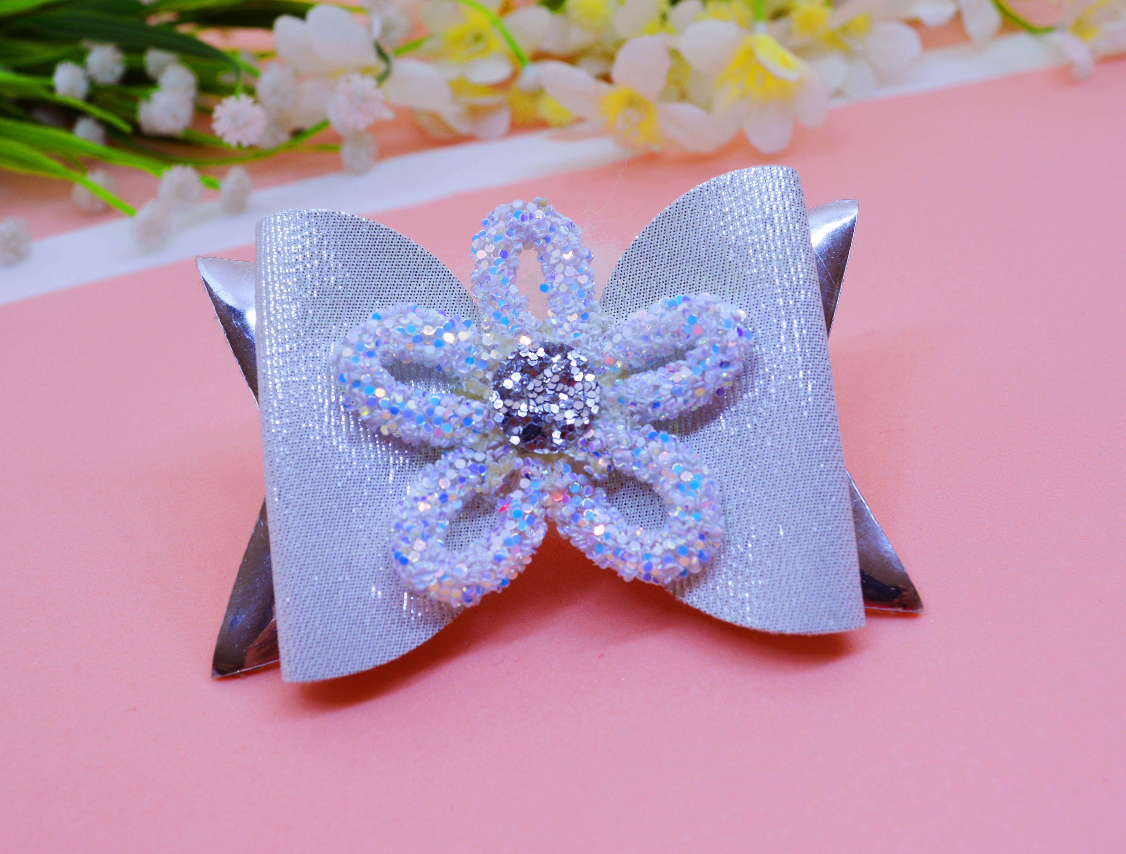 Loopy Flower Bow Clip - White & Silver