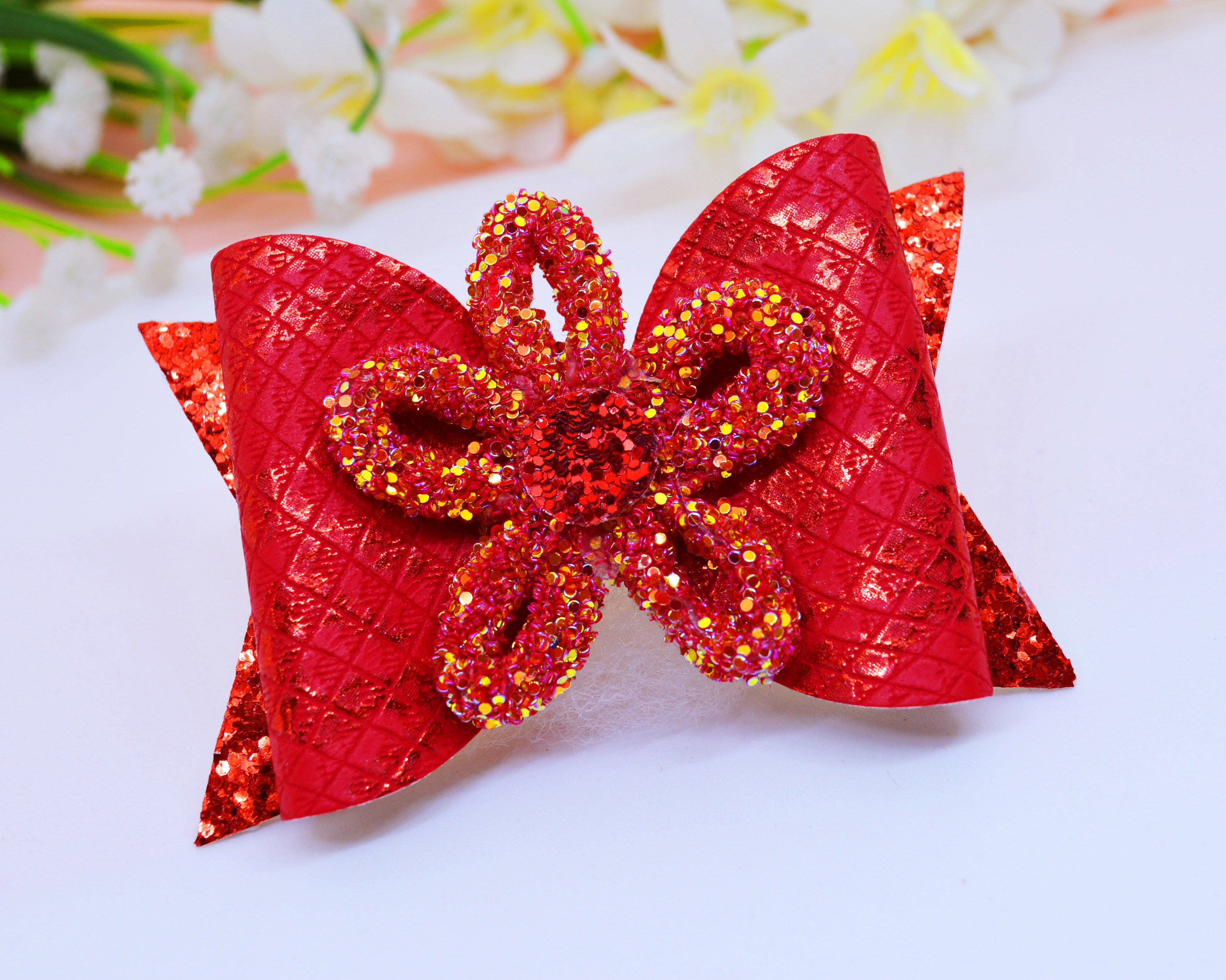 Loopy Flower Bow Clip - Distress Red
