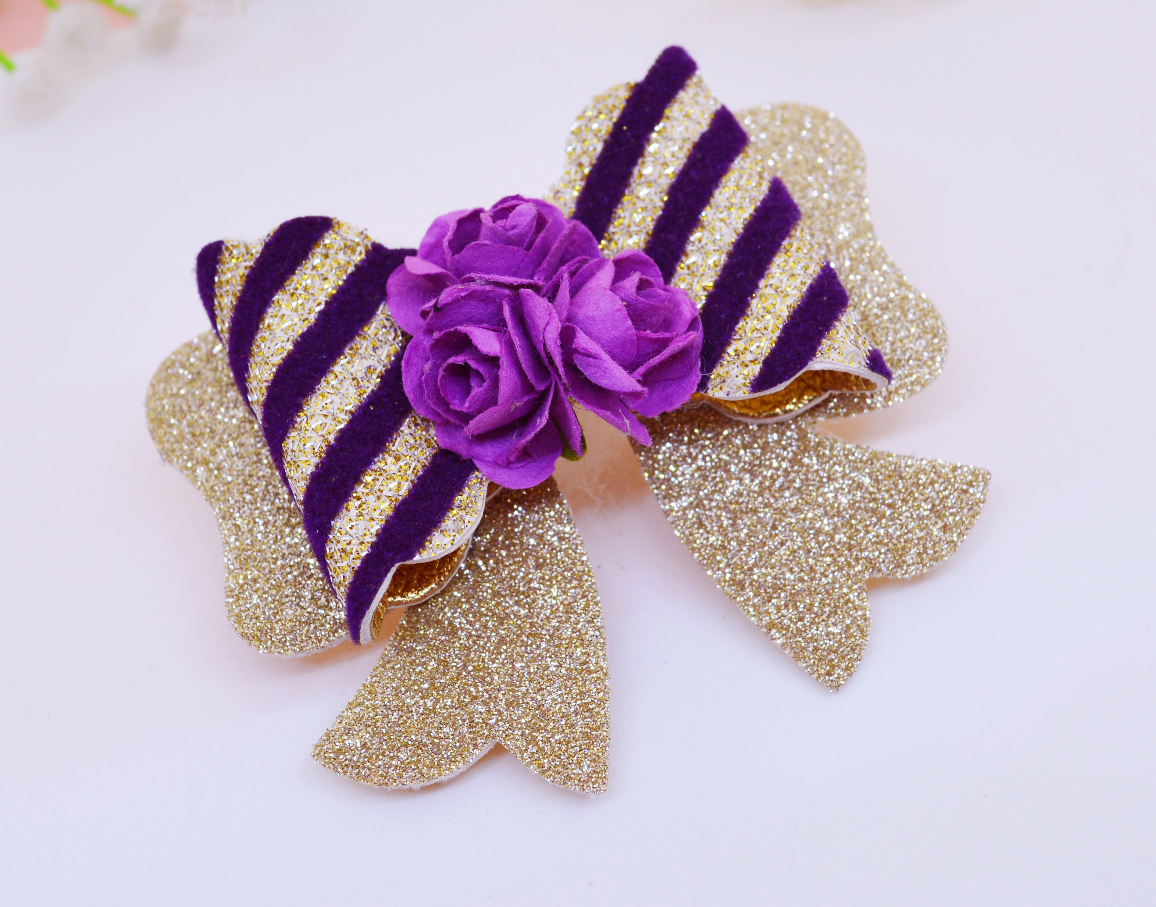 Scalloped Bow Clip - Purple Stripes