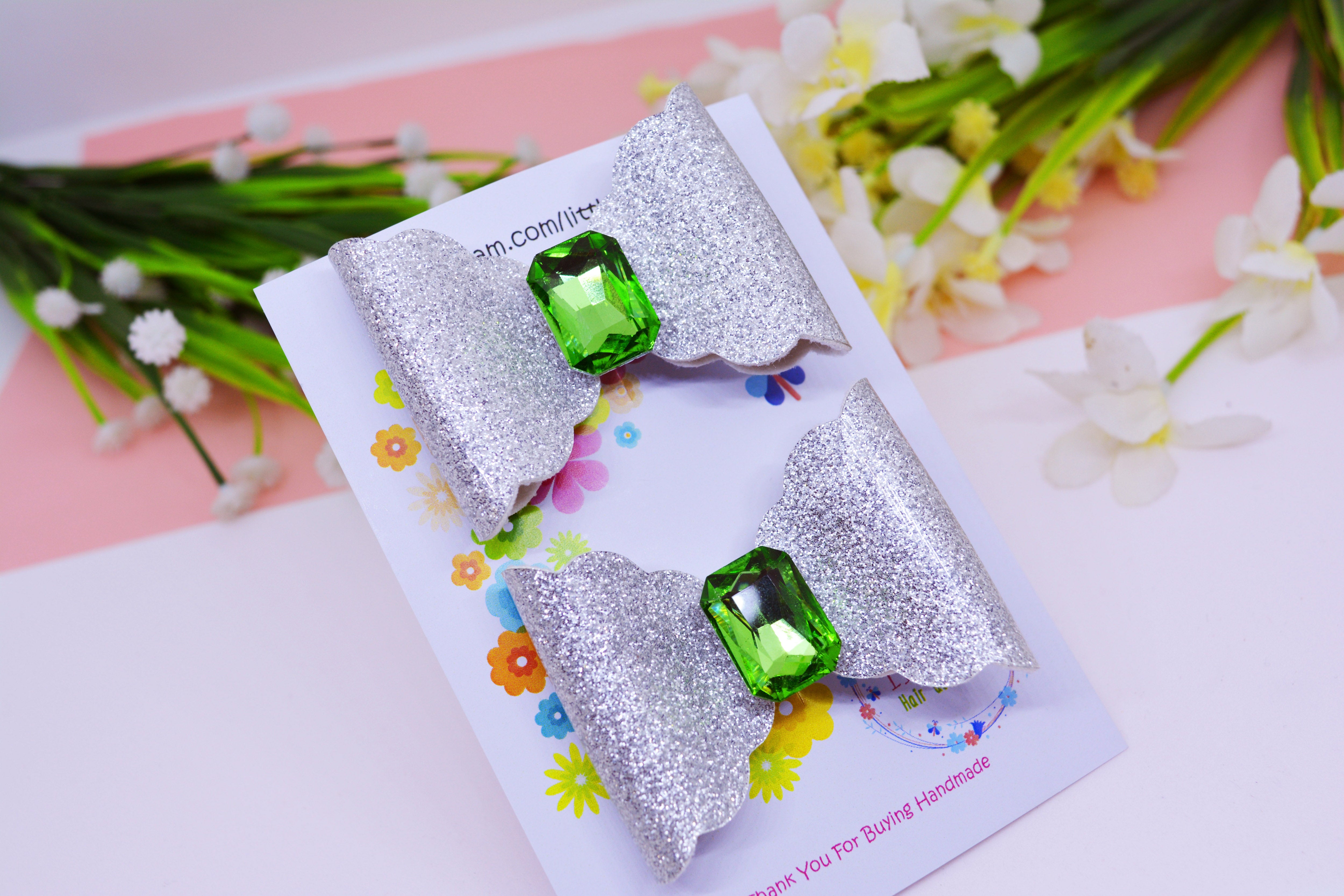 Scalloped Bow with big Rhinestone center Pair -Silver & Green