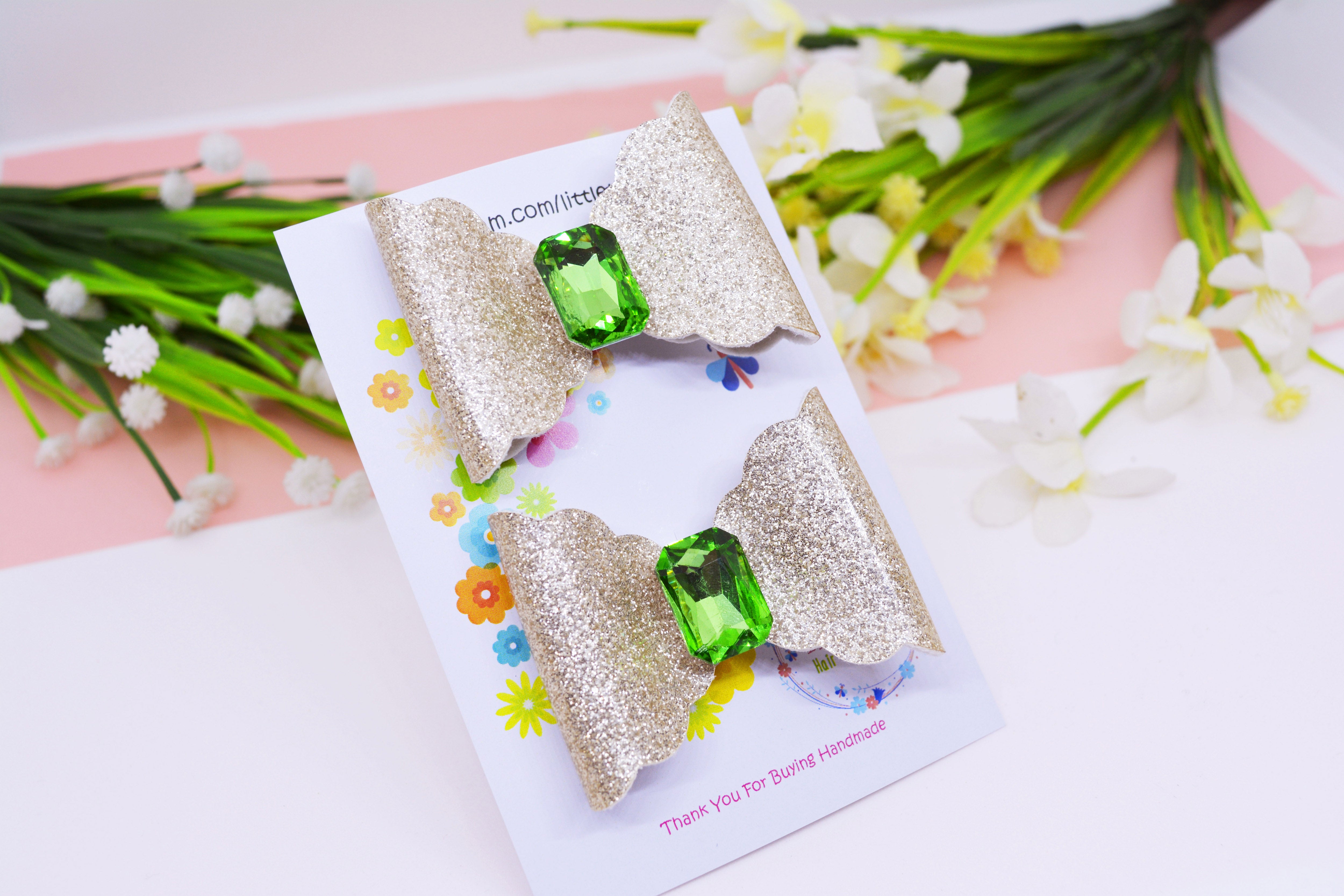 Scalloped Bow with big Rhinestone center Pair - Golden & Green