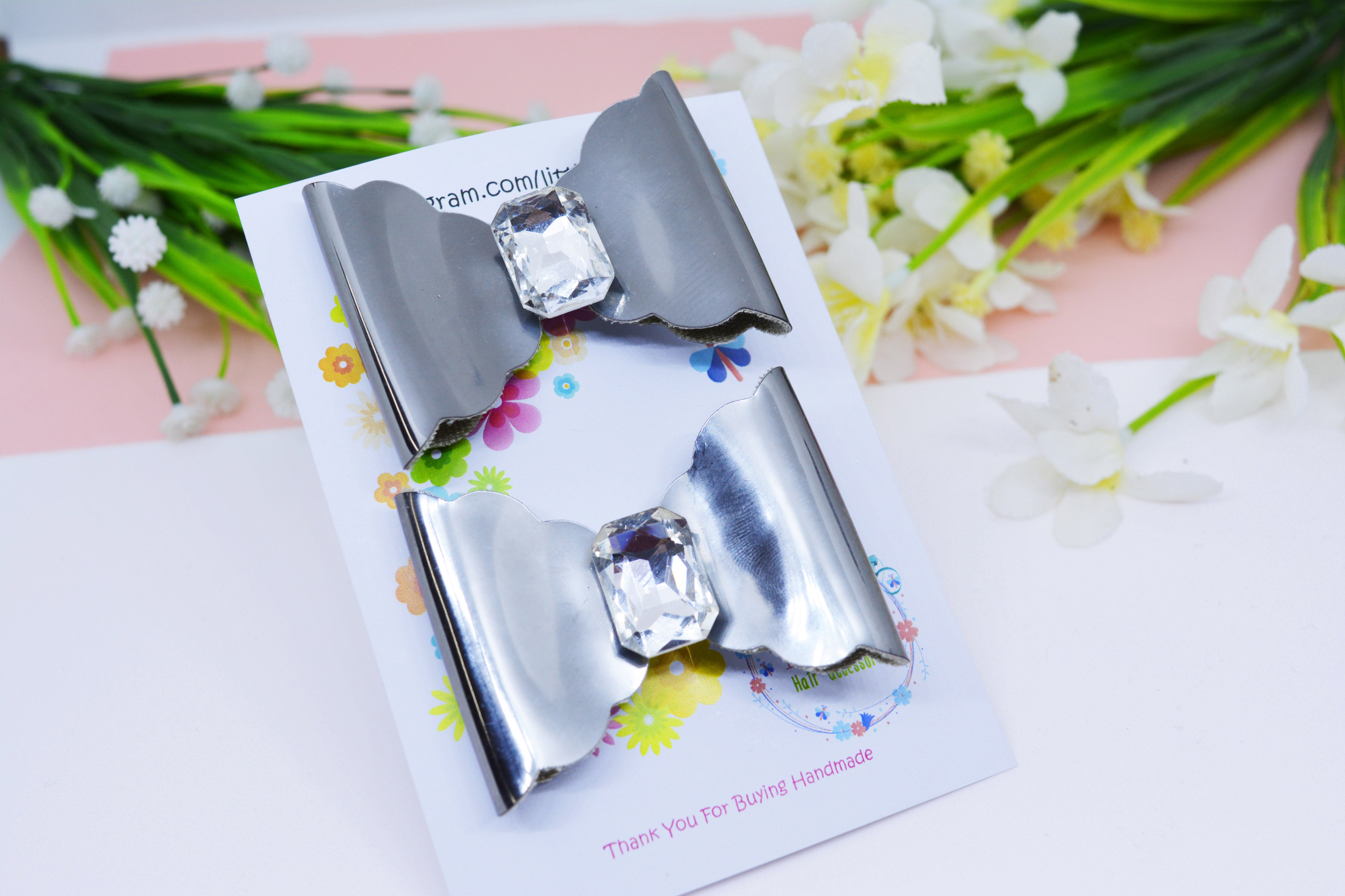 Scalloped Bow with big Rhinestone center Pair - Gunmetal