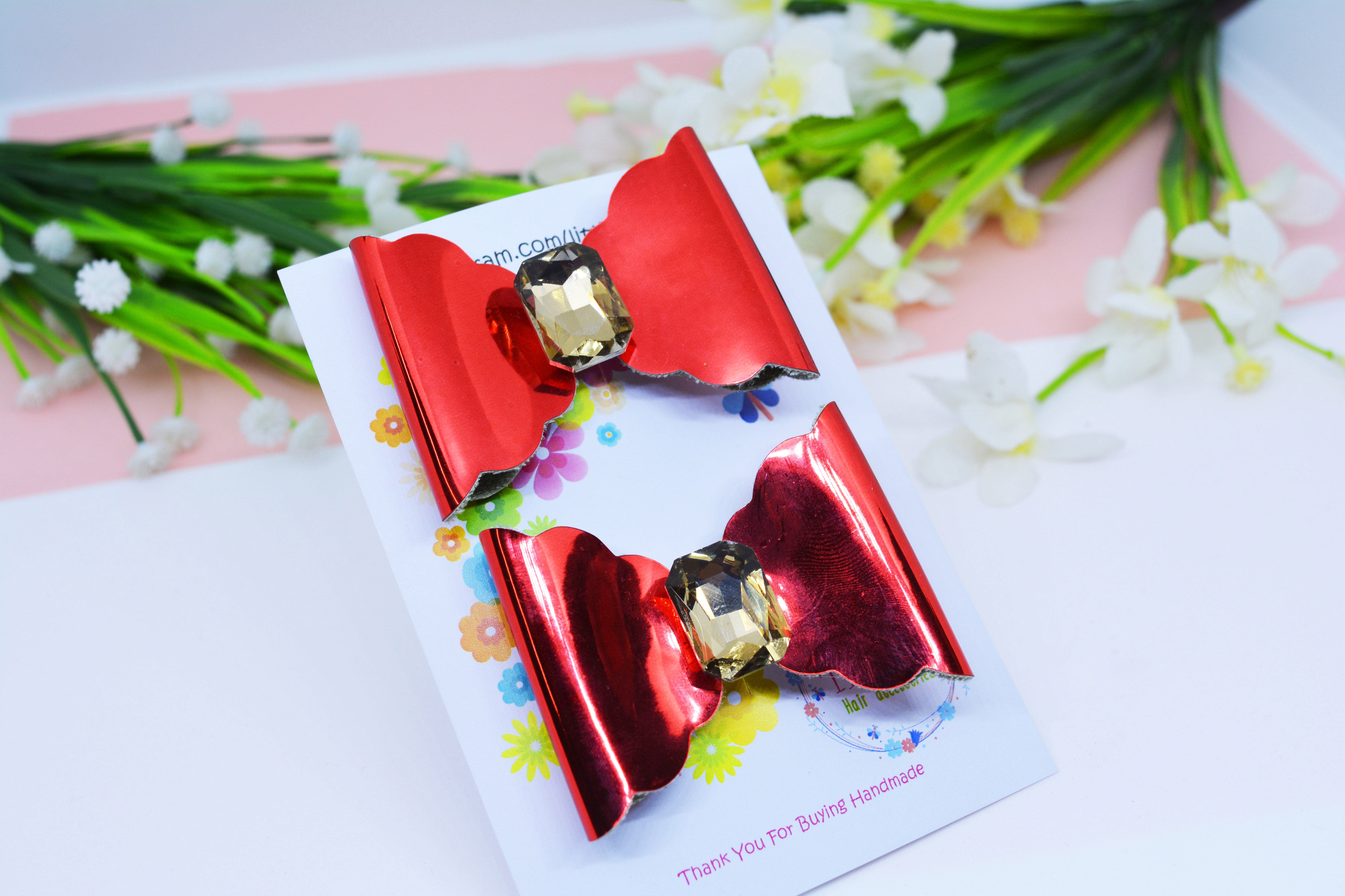 Scalloped Bow with big Rhinestone center Pair - Red & Golden