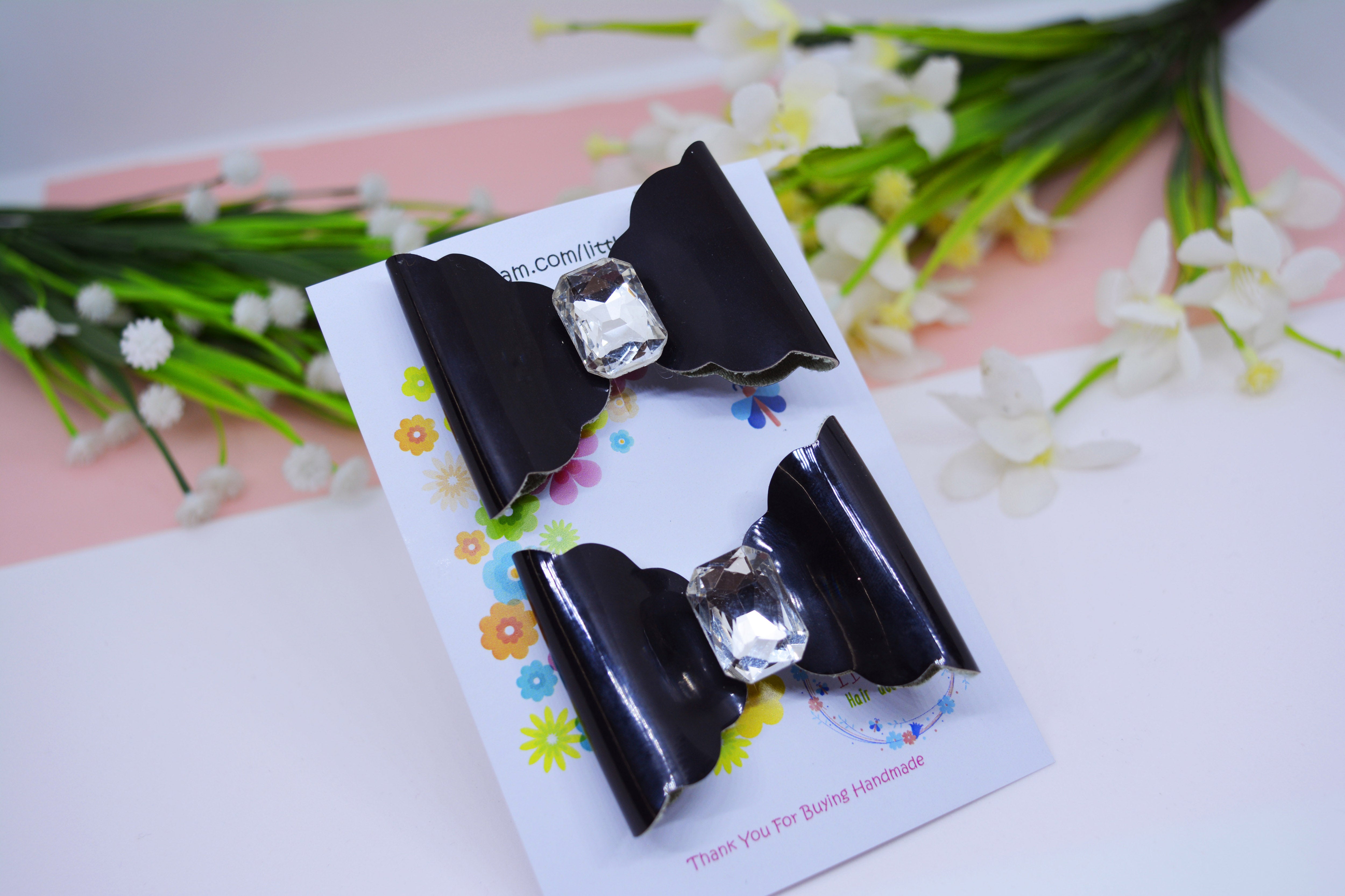 Scalloped Bow with big Rhinestone center Pair - Black