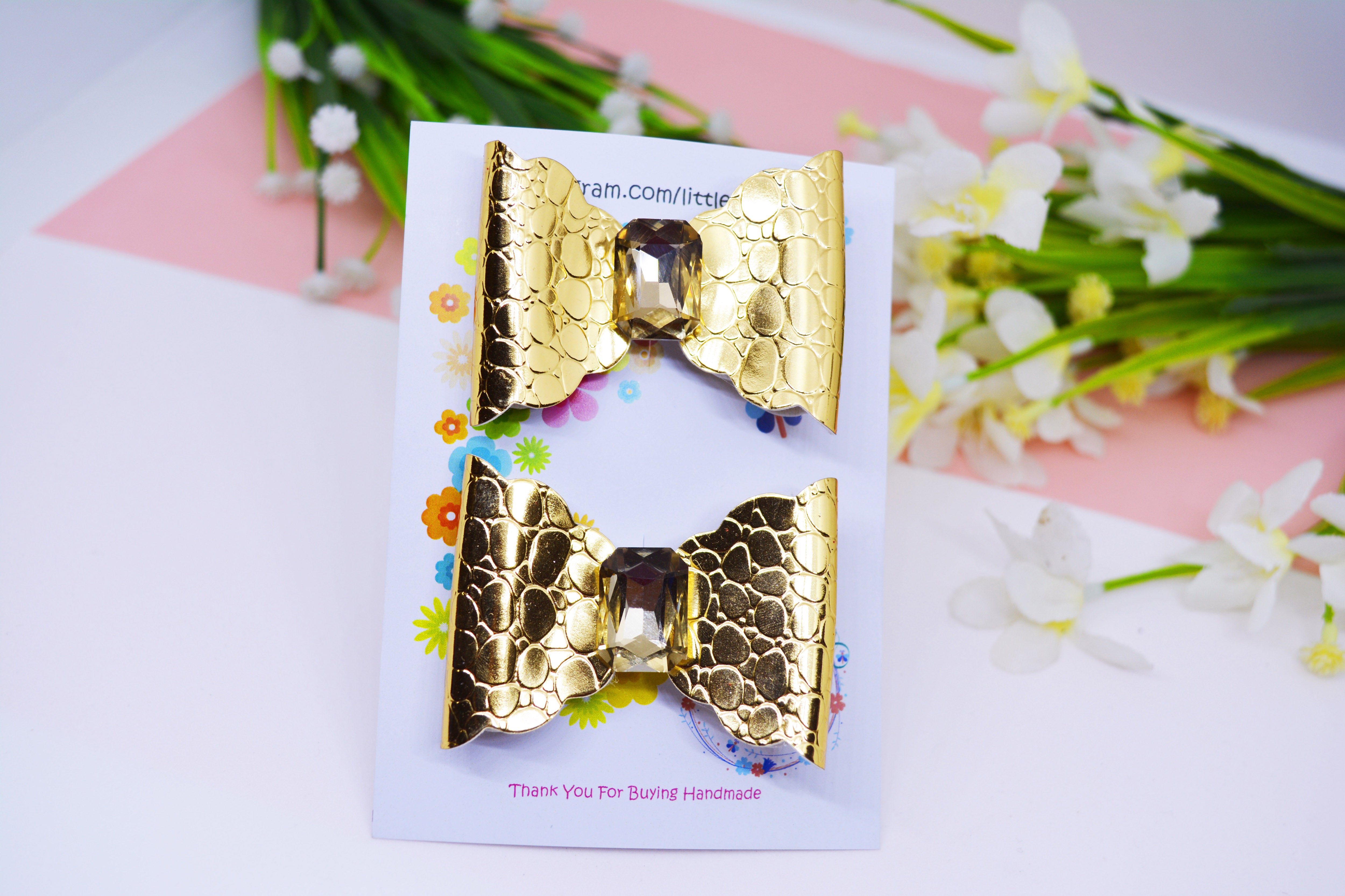 Scalloped Bow with big Rhinestone center Pair - Golden Rolling Stone