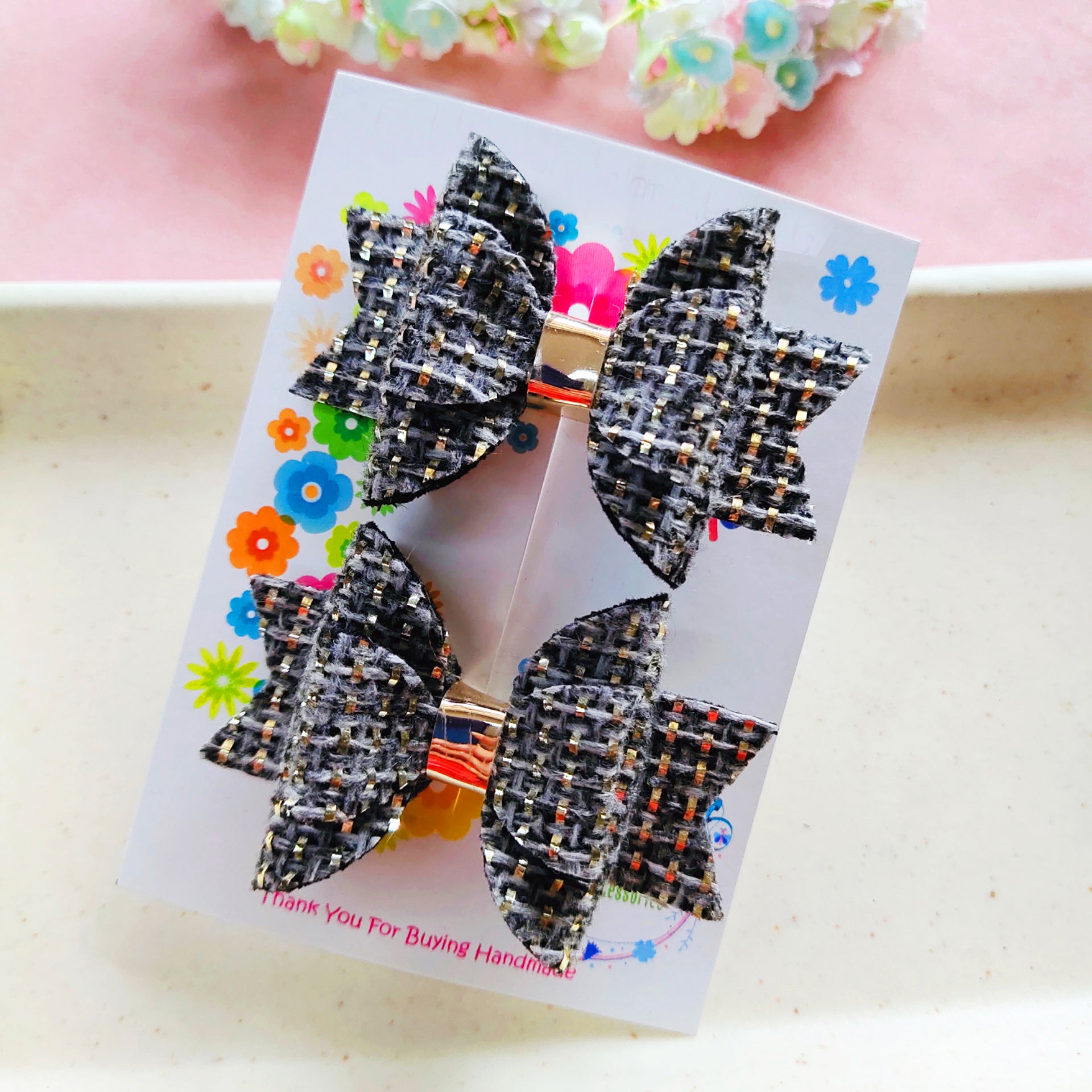 Double Layered Side Clip Pair - Grey Jute